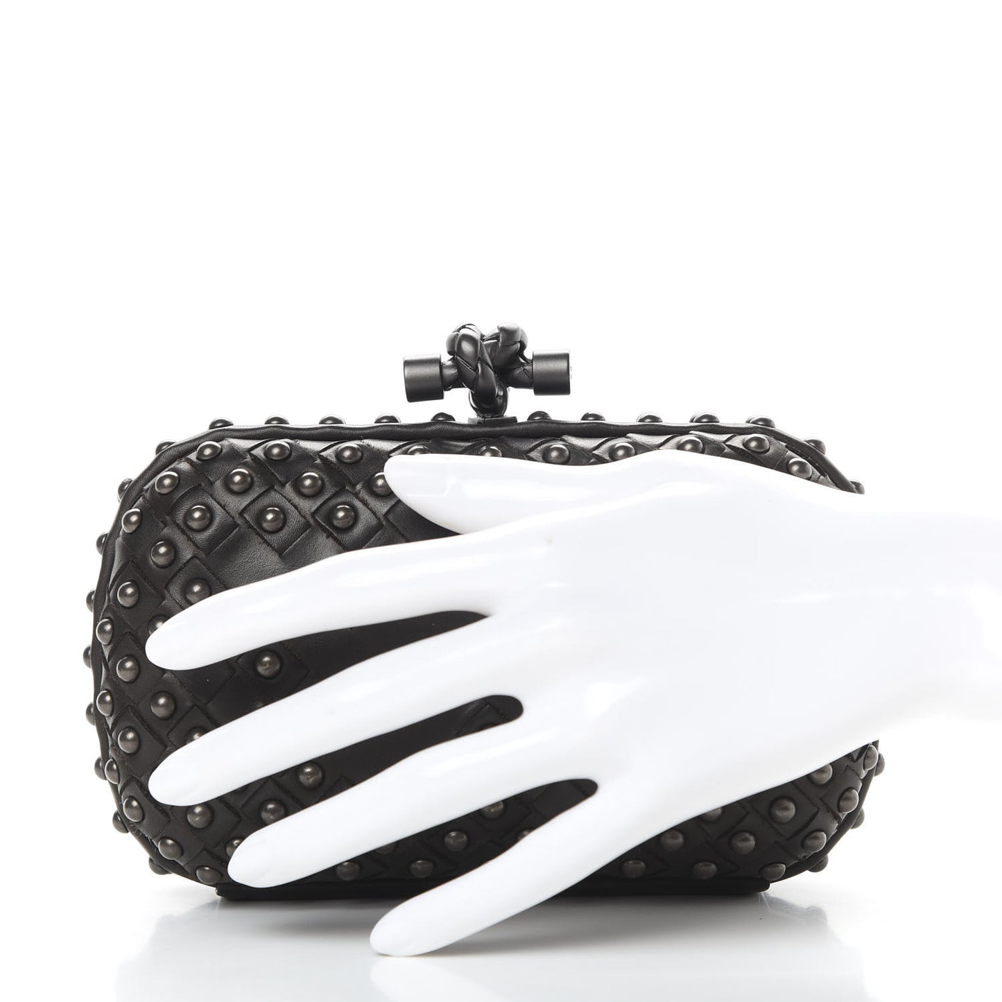 Waxy Nappa Intrecciato Knot Studded Clutch Black