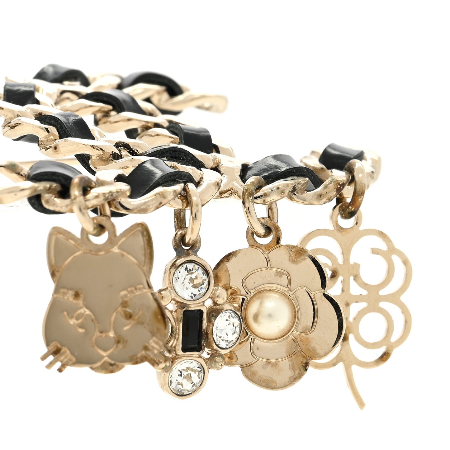 Lambskin Crystal Chain CC Charms Brooch Black Gold