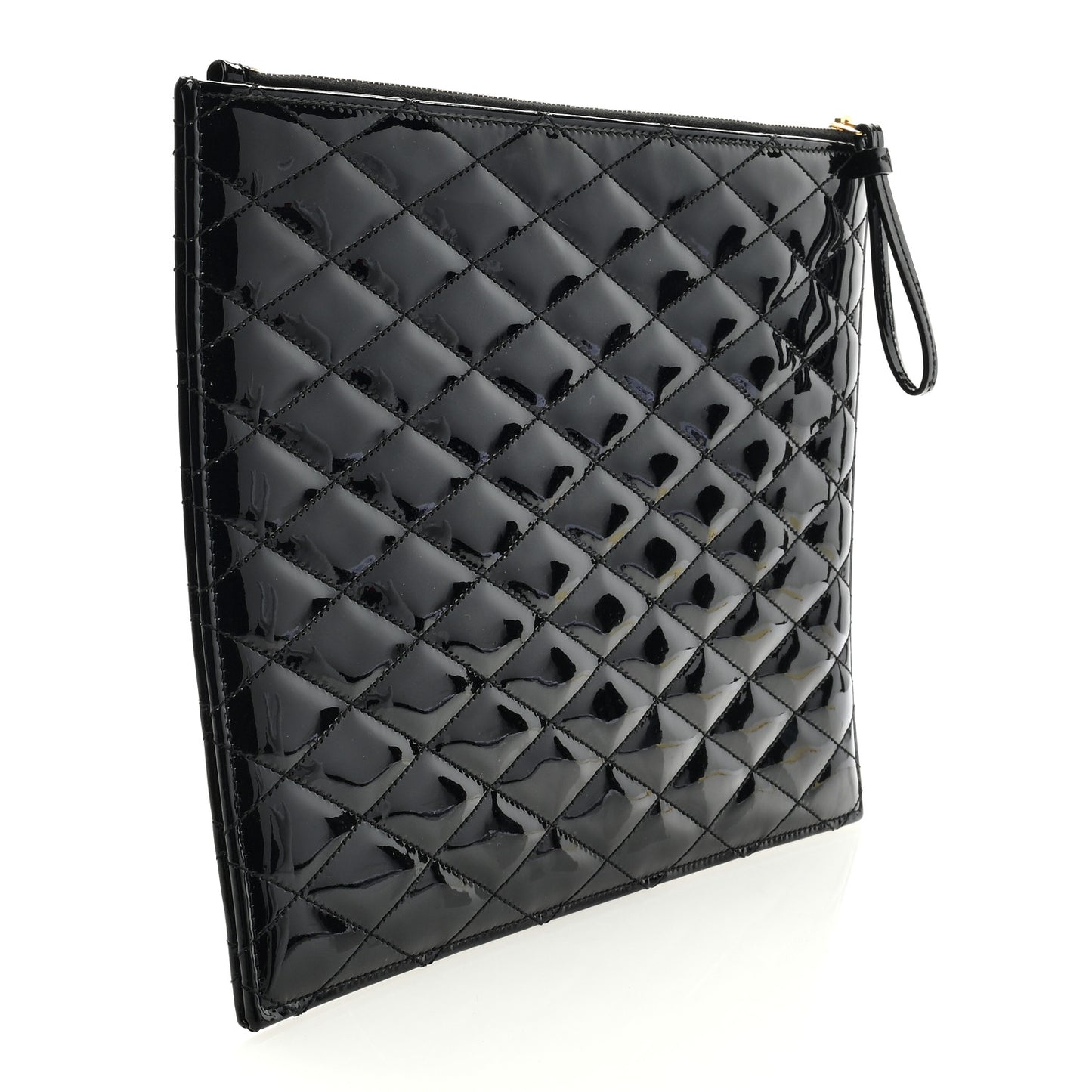 Patent Calfskin Quilted Zipped Pouch Black