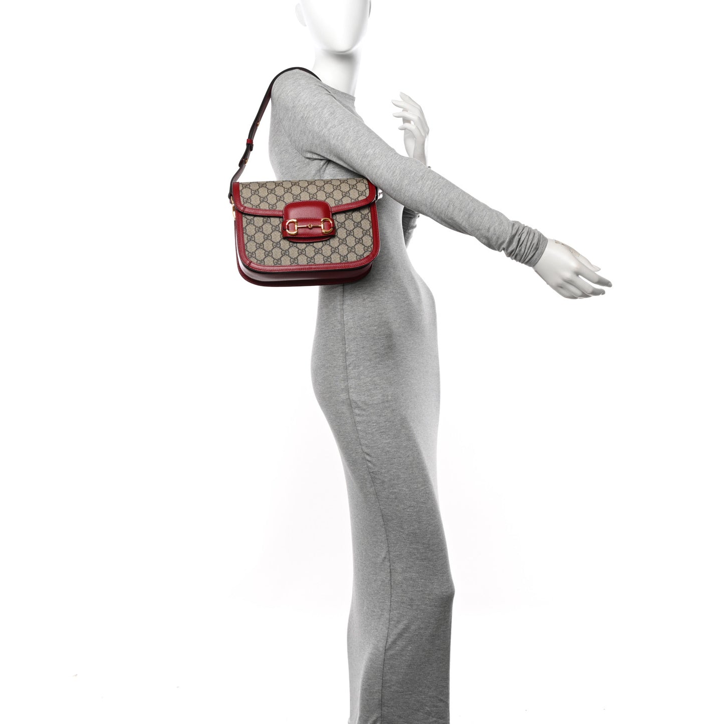 GG Supreme Monogram Azalea Calfskin Horsebit 1955 Shoulder Bag Beige Ebony New Cherry Red