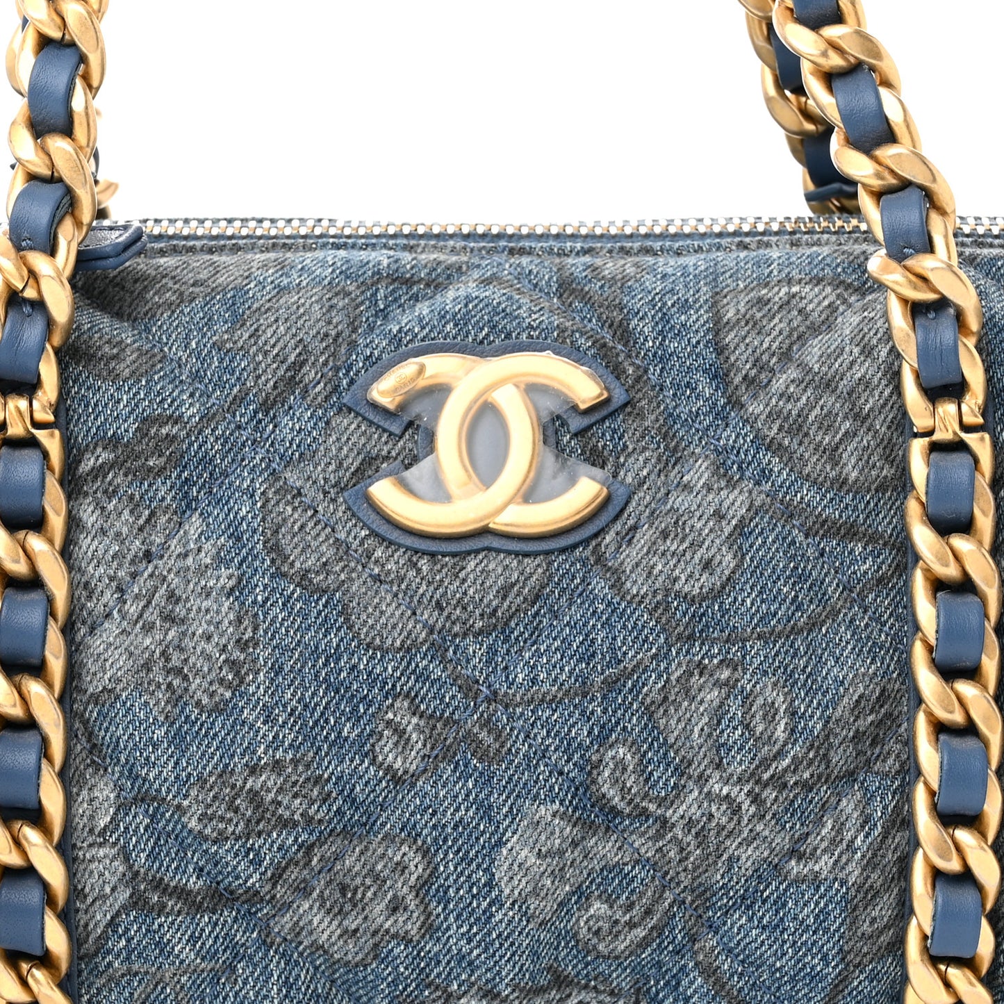 Denim Printed Destination Chenonceau Bowling Bag Blue Grey White