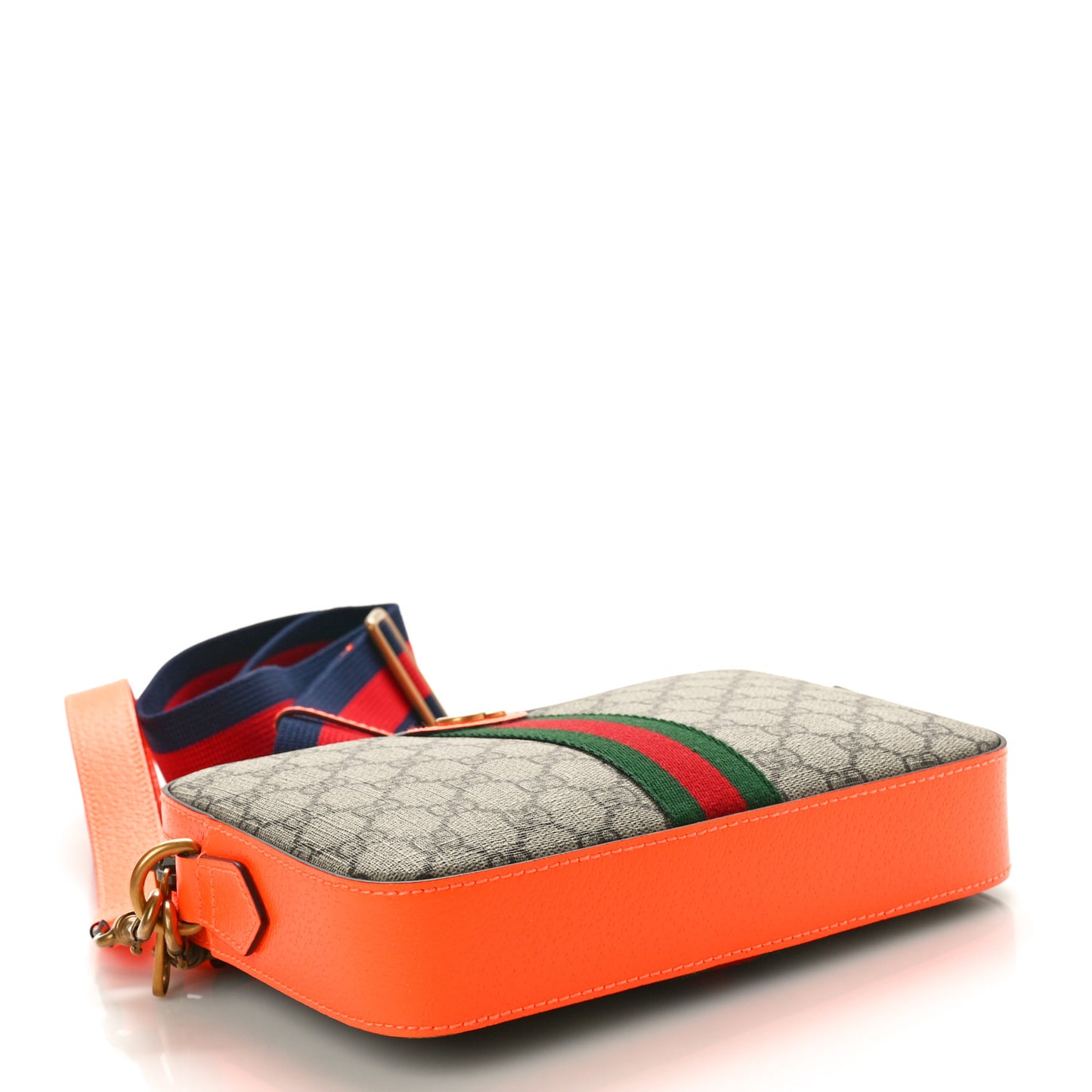 GG Supreme Monogram Textured Dollar Calfskin Web Ophidia Wristlet Shoulder Bag Beige Ebony Orange