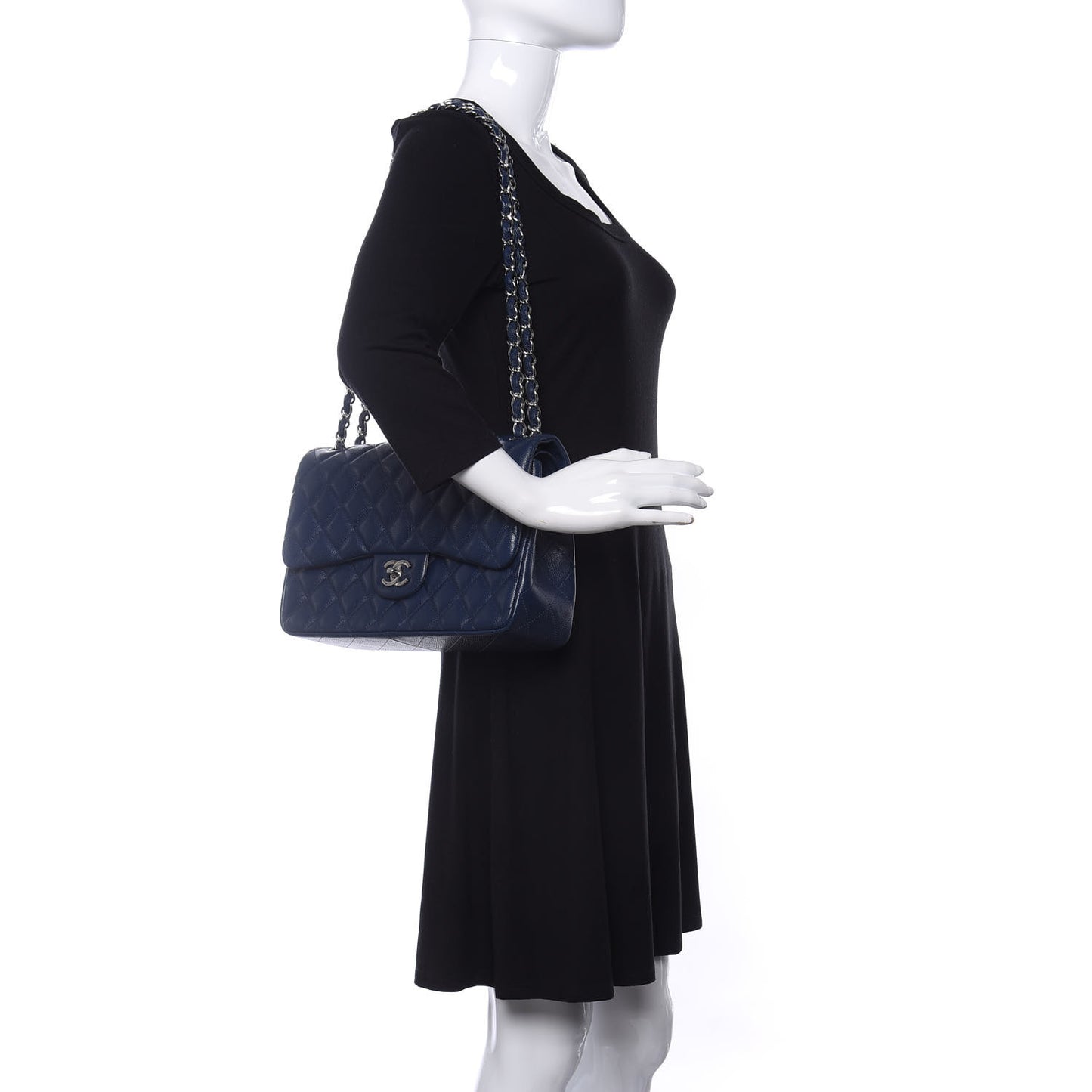 Caviar Quilted Jumbo Double Flap Navy Blue
