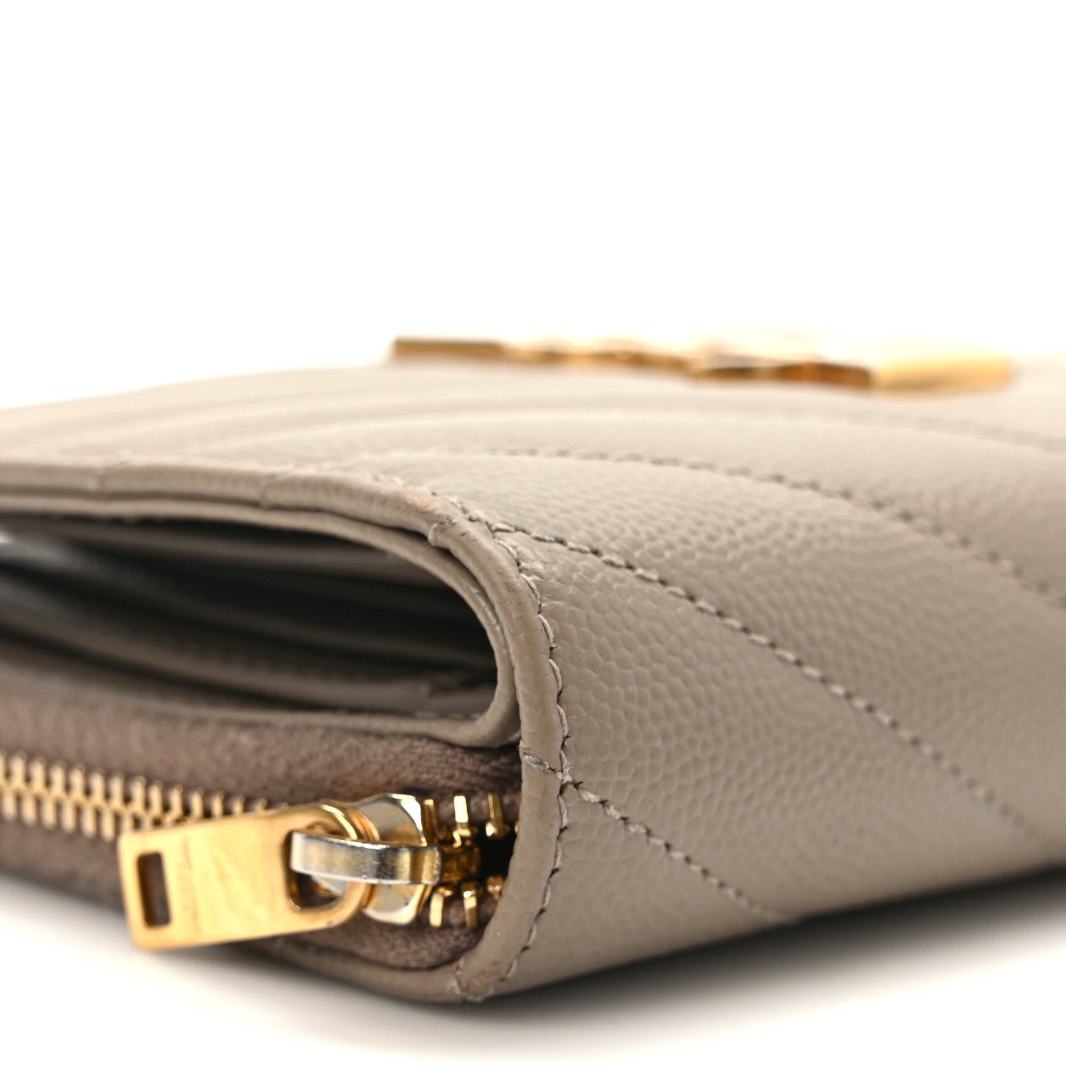 Saint Laurent Grain De Poudre Matelasse Chevron Monogram Compact Zip Around Wallet Dark Latte 7 of 8