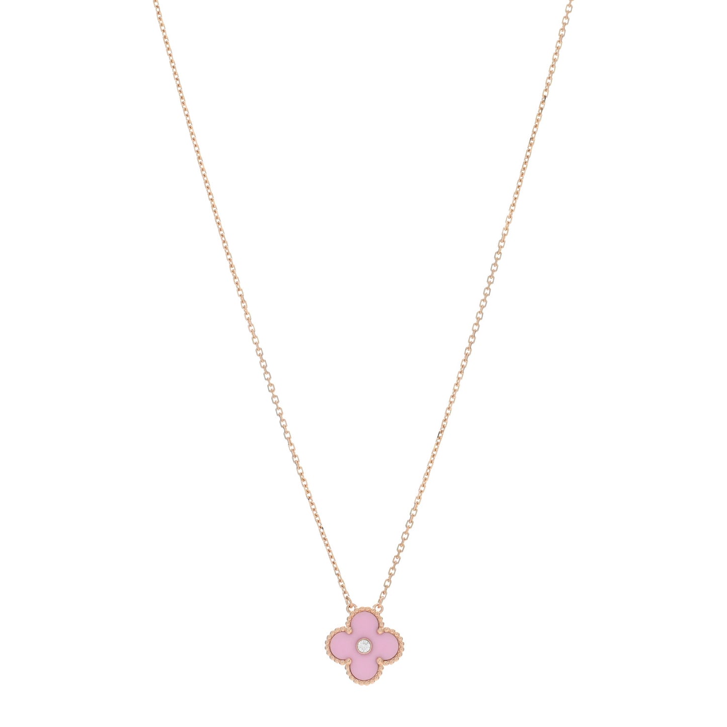 18K Rose Gold Diamond Pink Porcelain Vintage Alhambra Pendant Necklace