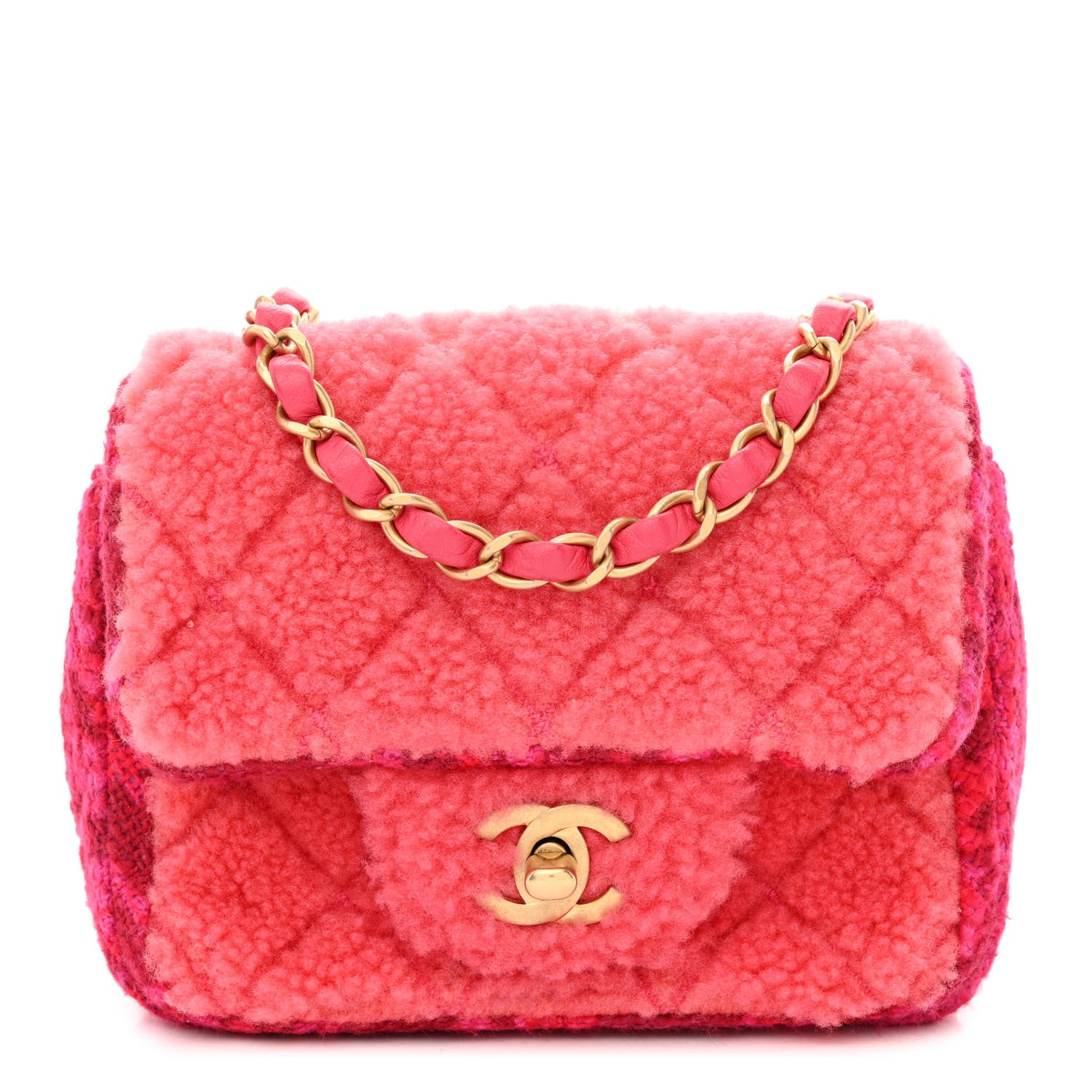 Chanel Shearling Tweed Quilted Mini Square Flap Bag Pink 1 of 10