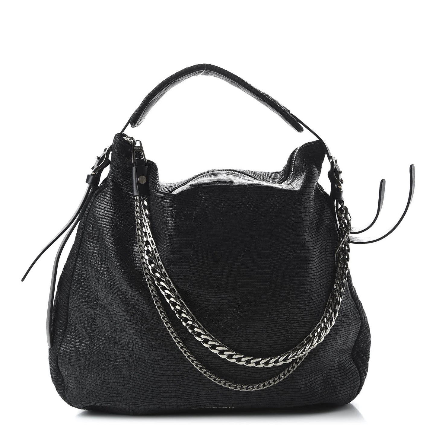 Lizard Embossed Large Boho Biker Hobo Black