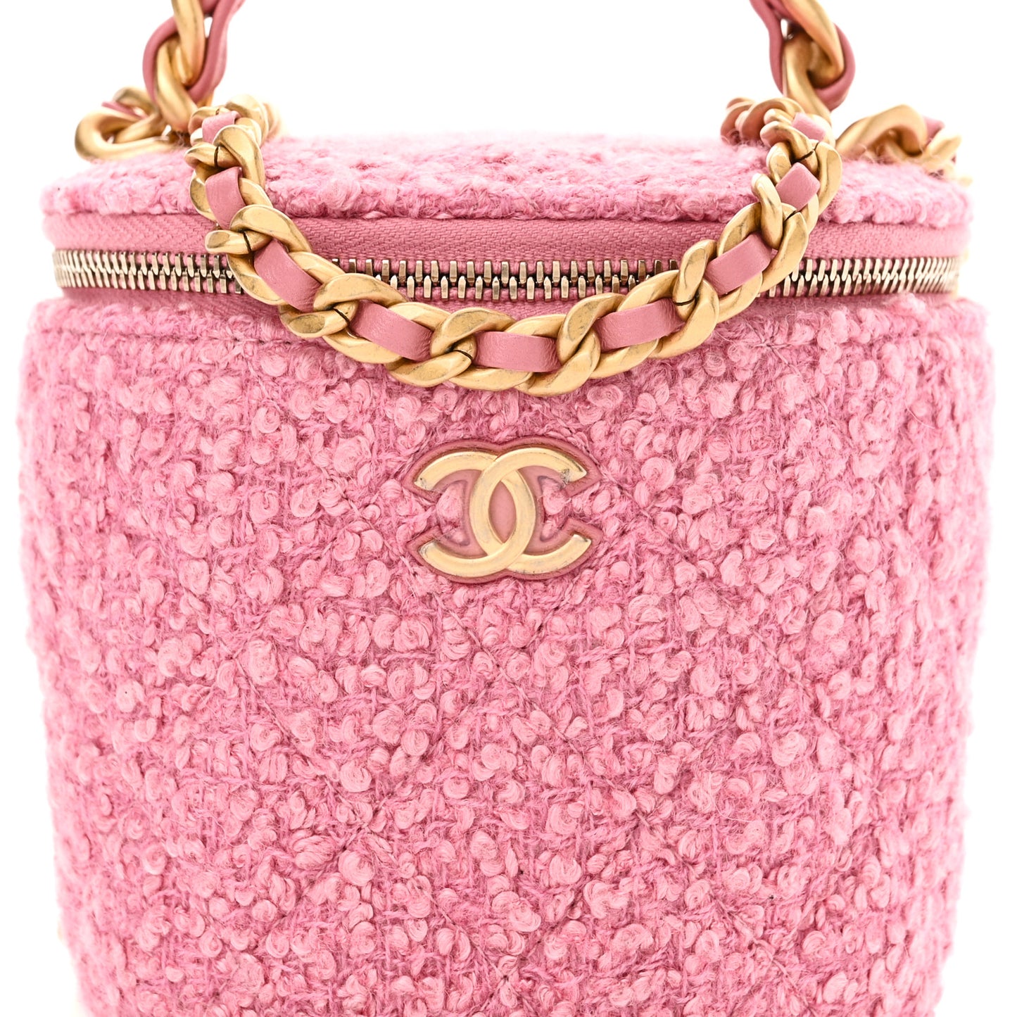 Tweed Quilted Afternoon Tea Top Handle Vanity Case With Chain Pink