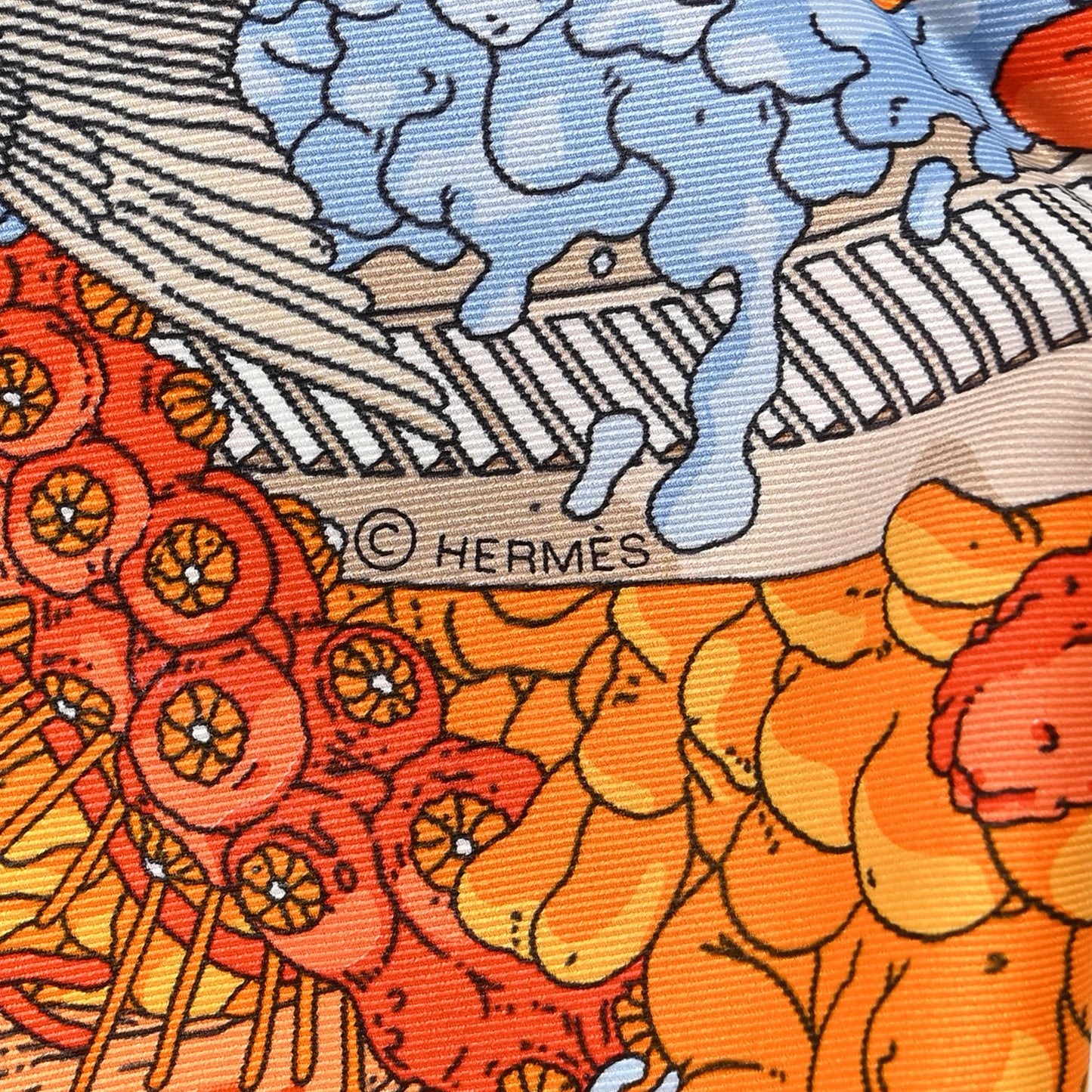 Vintage Silk Ex Libris Atlantis Scarf 70 Ciel Orange Mastic