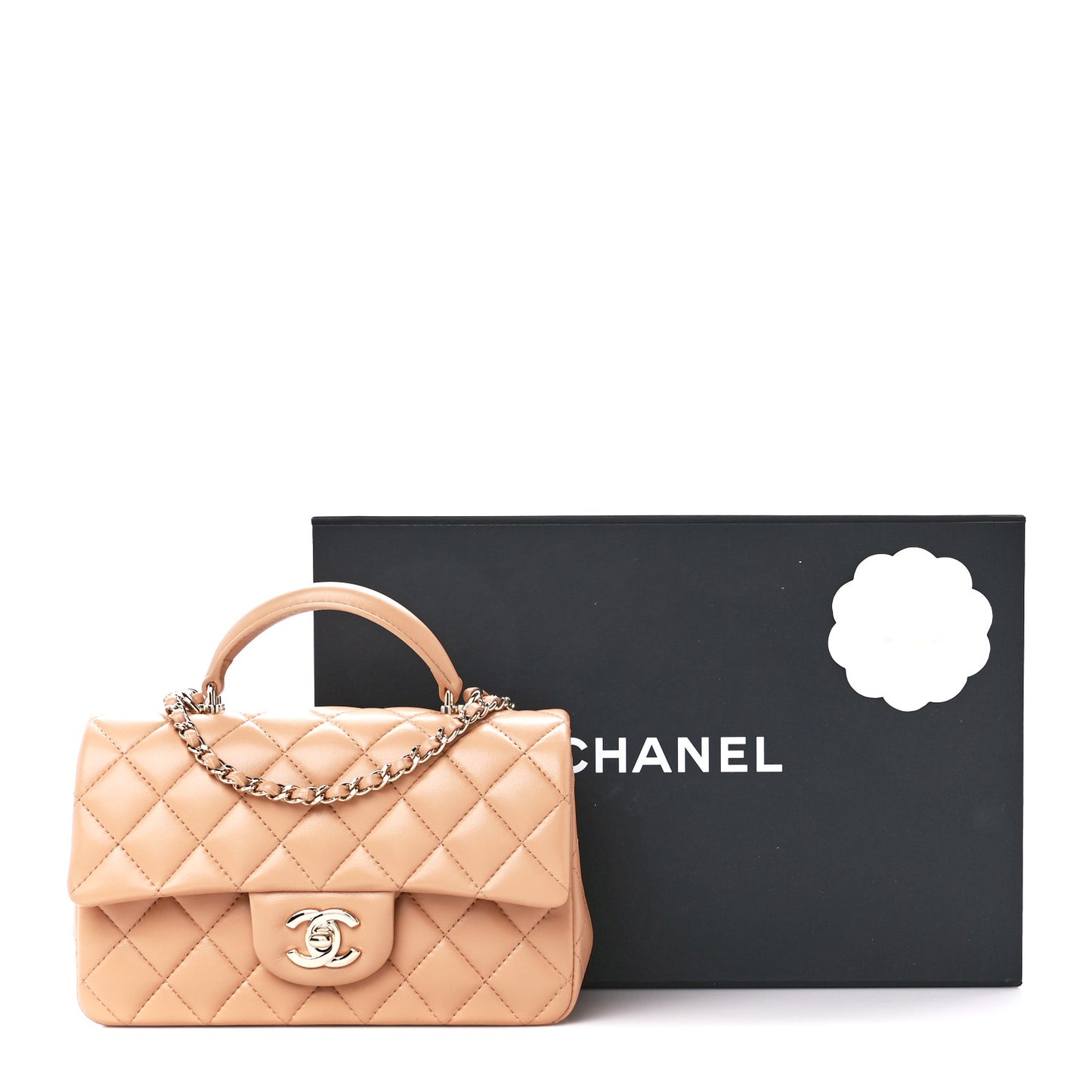 Lambskin Quilted Mini Top Handle Rectangular Flap Beige