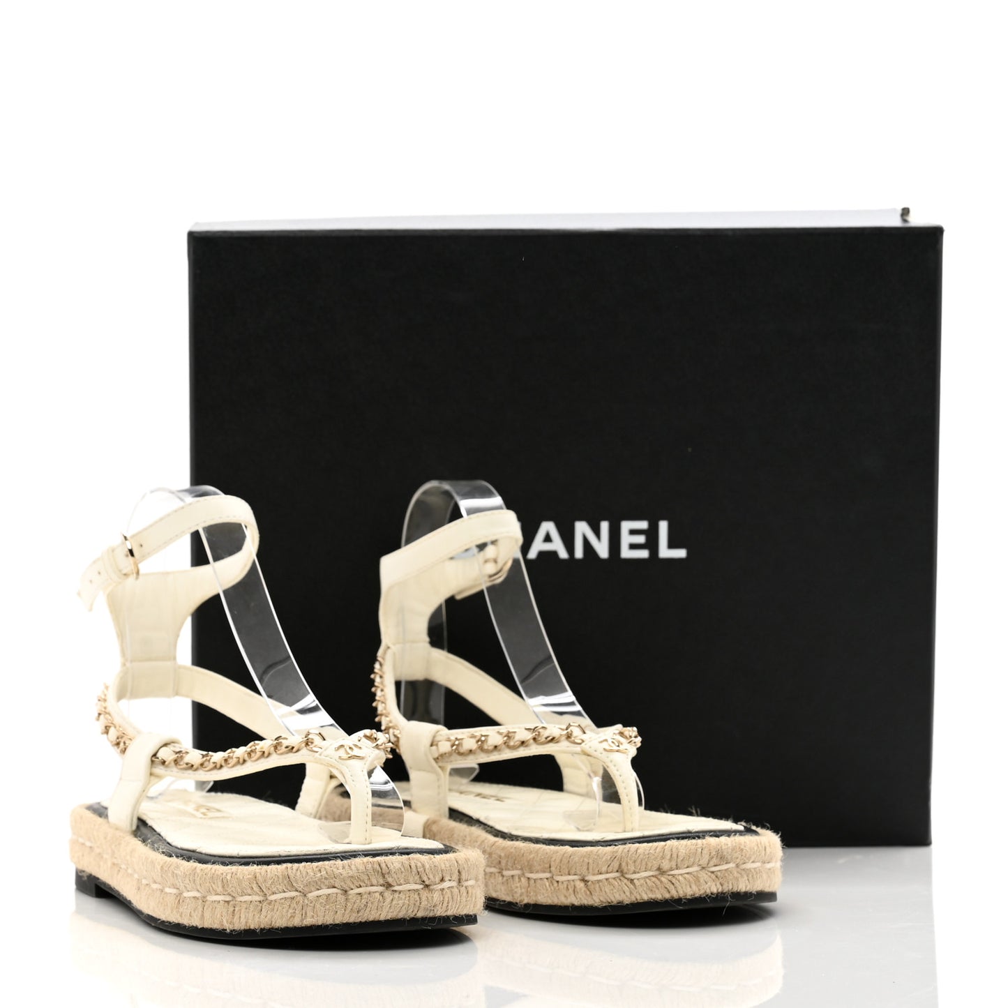 Lambskin Chain CC Thong Espadrille Sandals 36 White