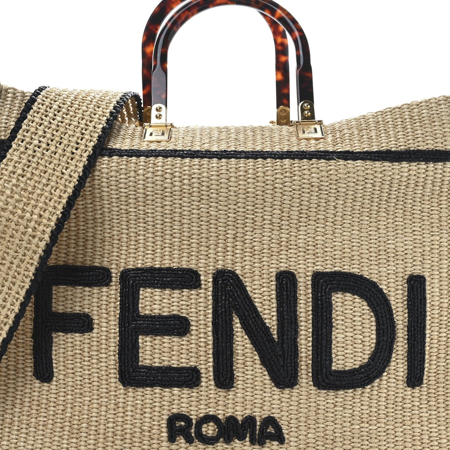 Straw Vitello King Plexiglass Woven Medium Fendi Sunshine Shopper Tote Natural Black