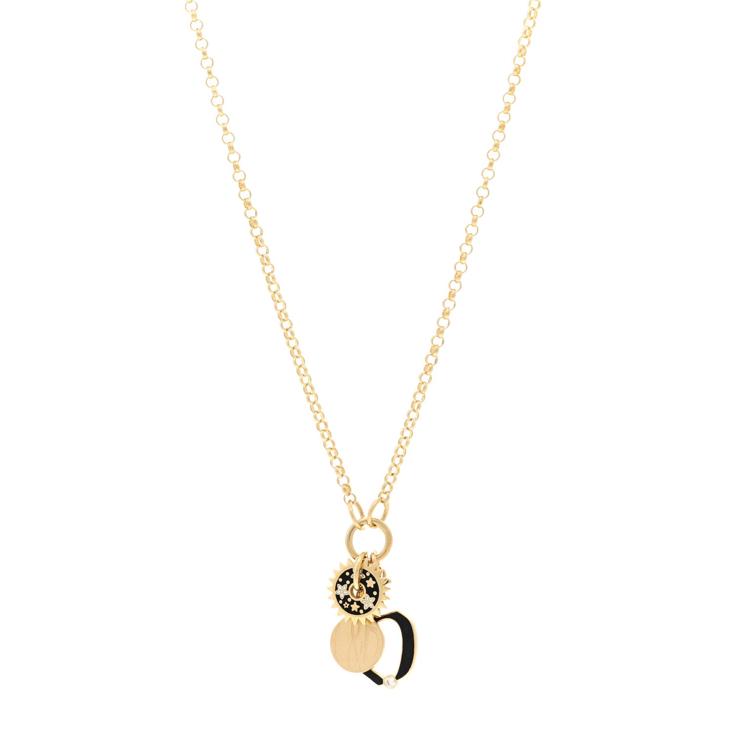 18K Yellow Gold Diamond Enamel Blossom Disc Letter Belcher Chain Necklace