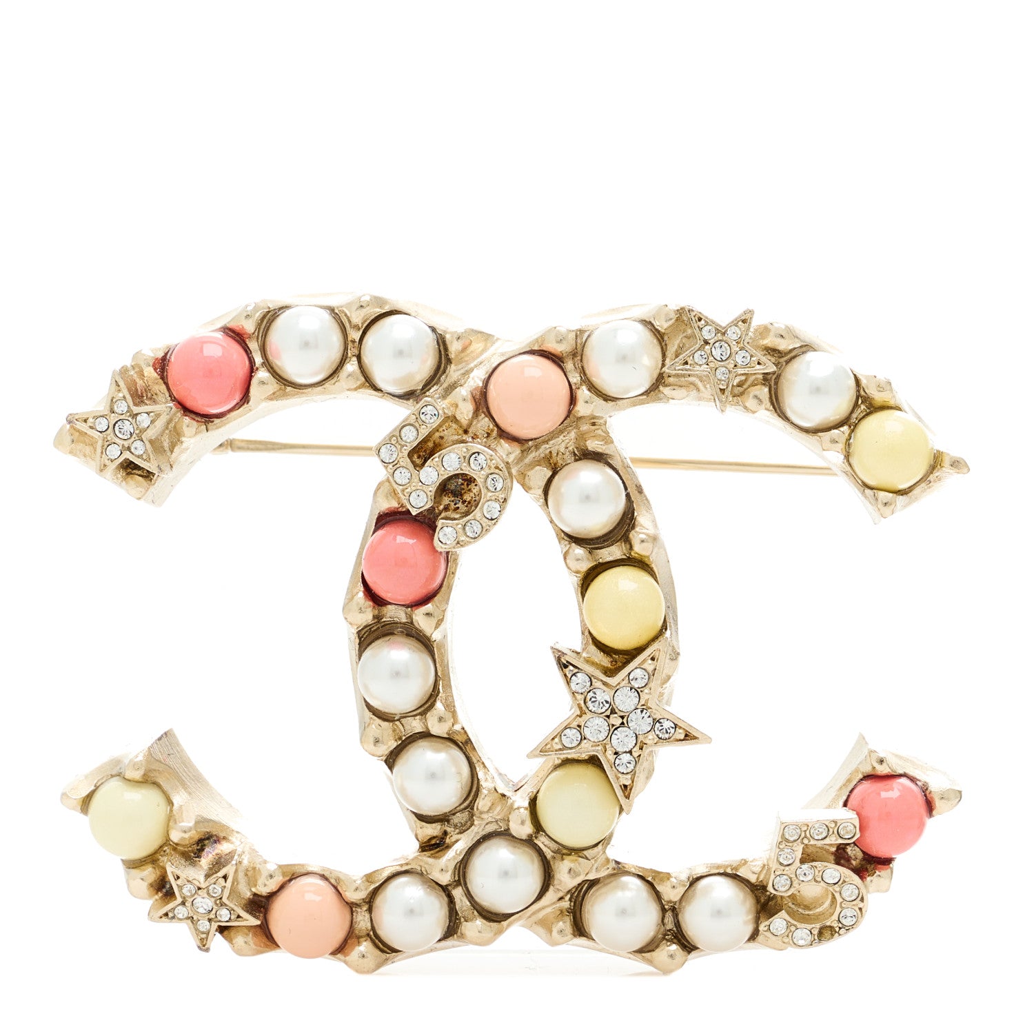 Chanel Crystal Pearl Resin CC Star No 5 Brooch Gold White Pink 1 of 4
