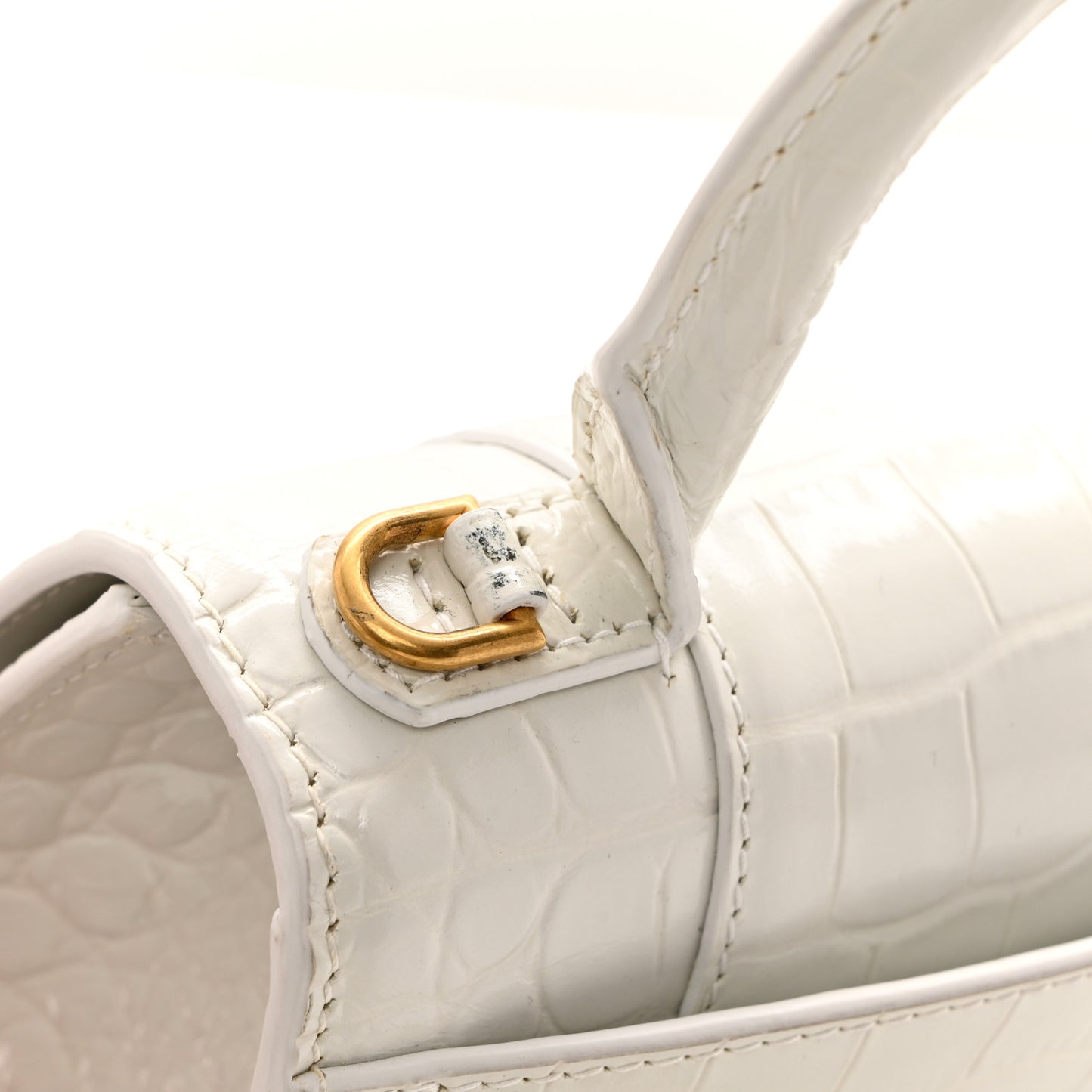 Shiny Calfskin Crocodile Embossed Hourglass Top Handle Bag XS White