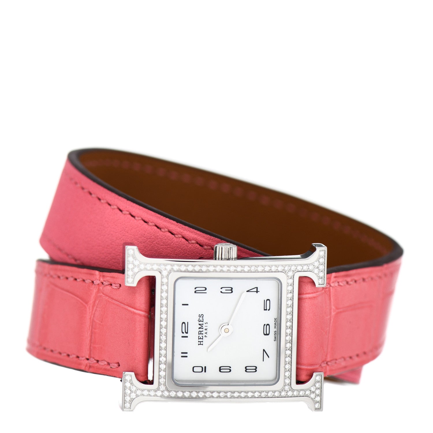 Hermes Stainless Steel Alligator Diamond Bezel Mother of Pearl 21mm Heure H Hour Double Tour Quartz Watch Framboise 2 of 5