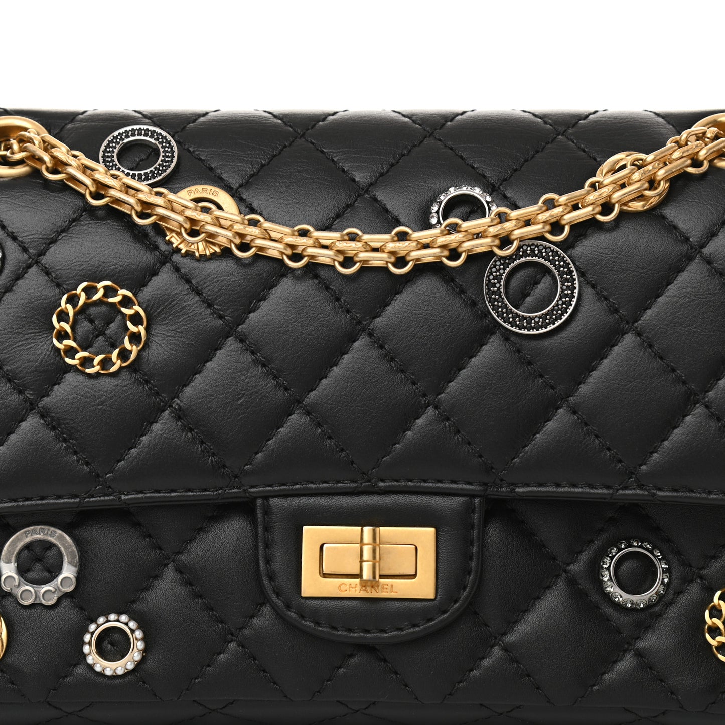Aged Calfskin Crystal Charms 2.55 Reissue 225 Flap Black