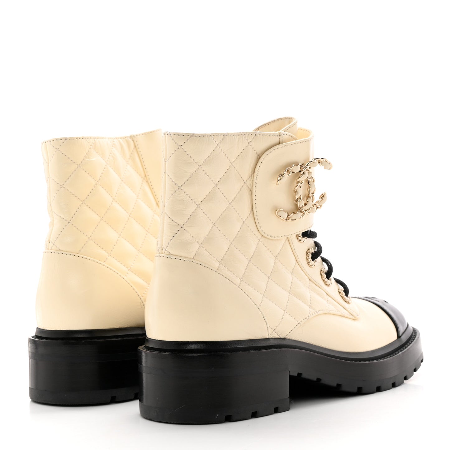 Shiny Calfskin Quilted Lace Up Combat Boots 37 Ivory Black