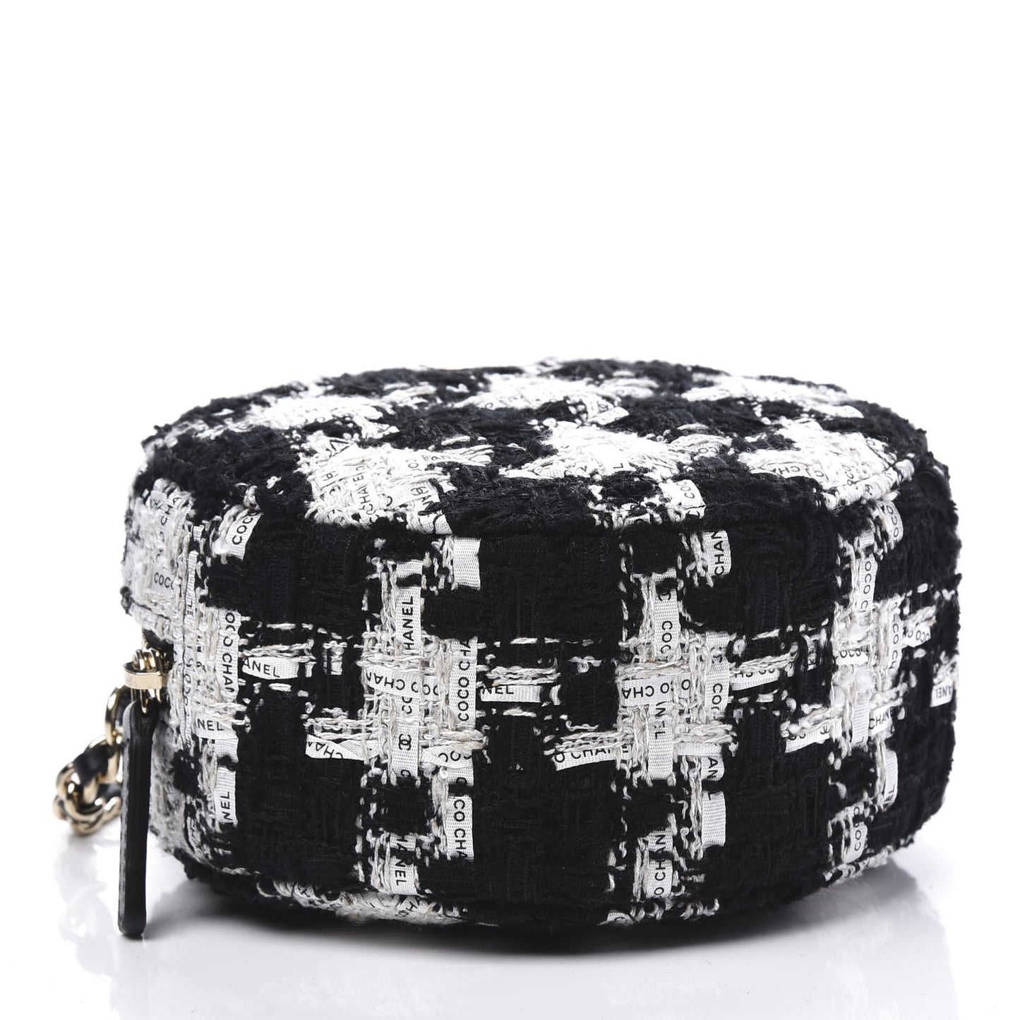 Tweed Quilted Round Clutch With Chain Black Ecru White