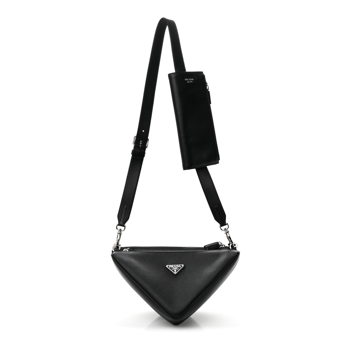 Vitello Saffiano Cuir Double Triangle Shoulder Bag Black