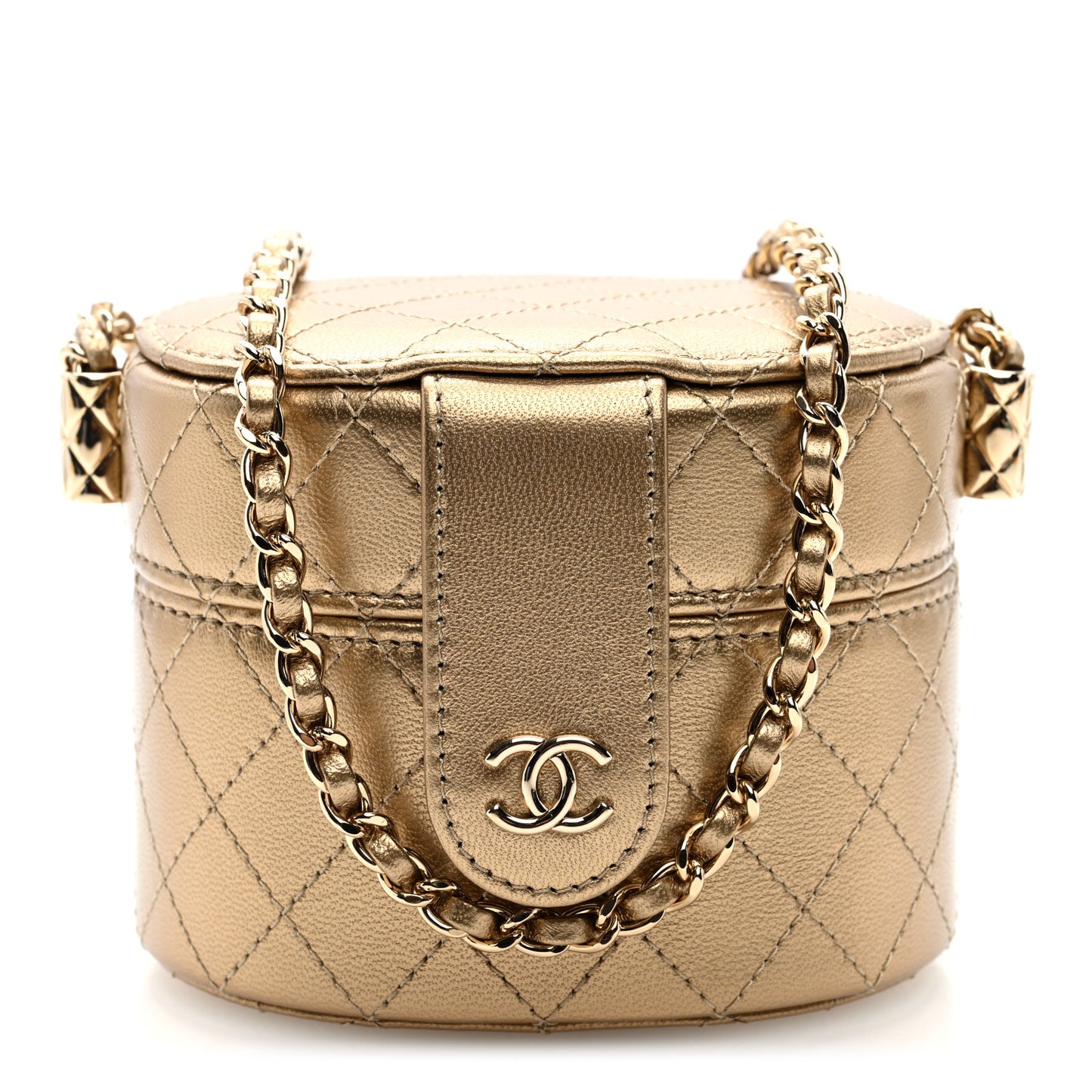 Metallic Lambskin Quilted Round Mini Vanity Case With Chain Gold