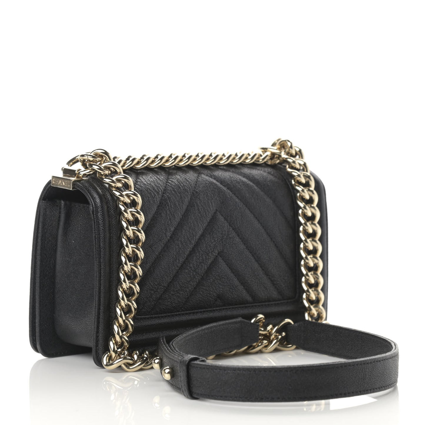 Iridescent Caviar Chevron Quilted Small Boy Flap Black