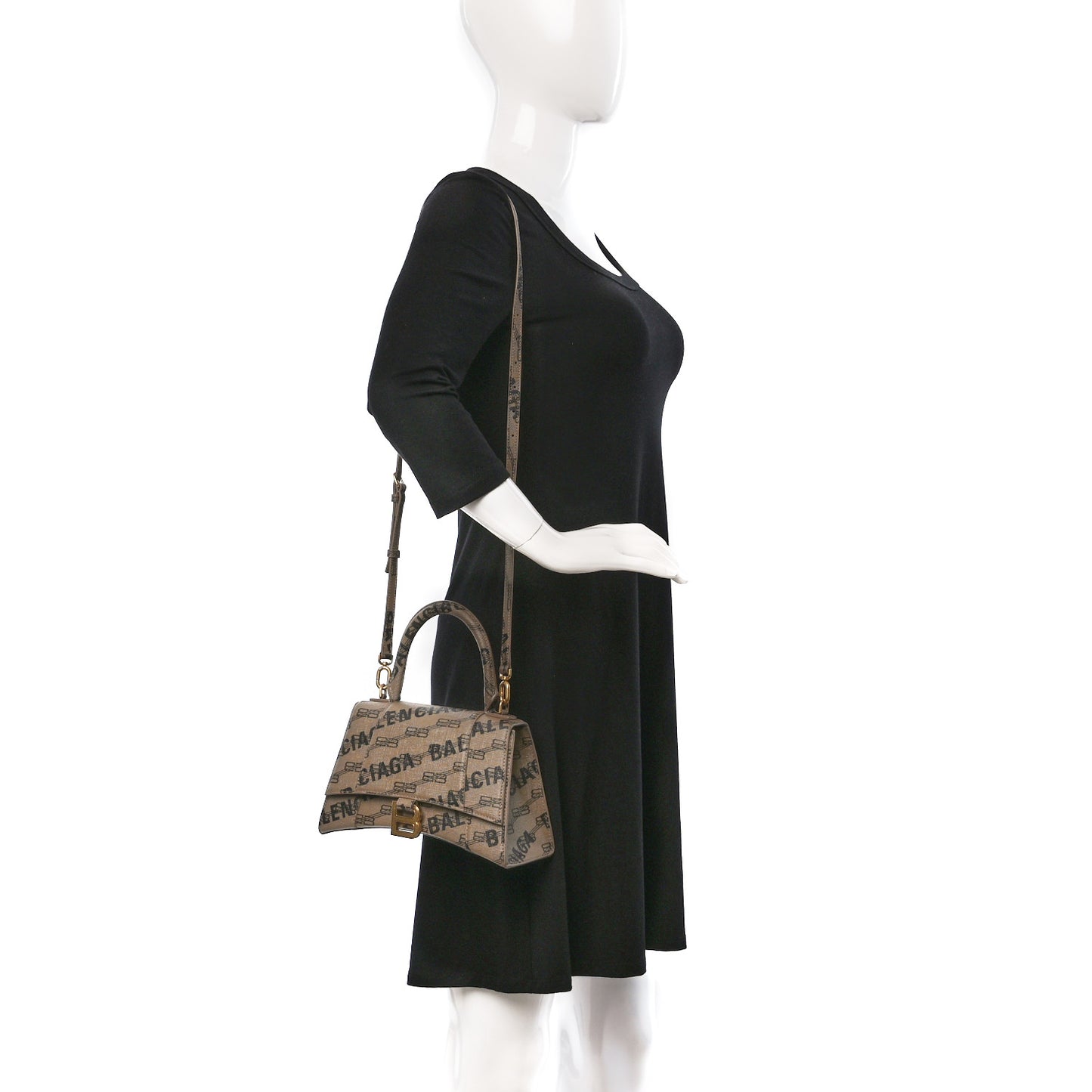 Coated Canvas BB Monogram Logo Print Small Hourglass Top Handle Bag Beige Brown Black