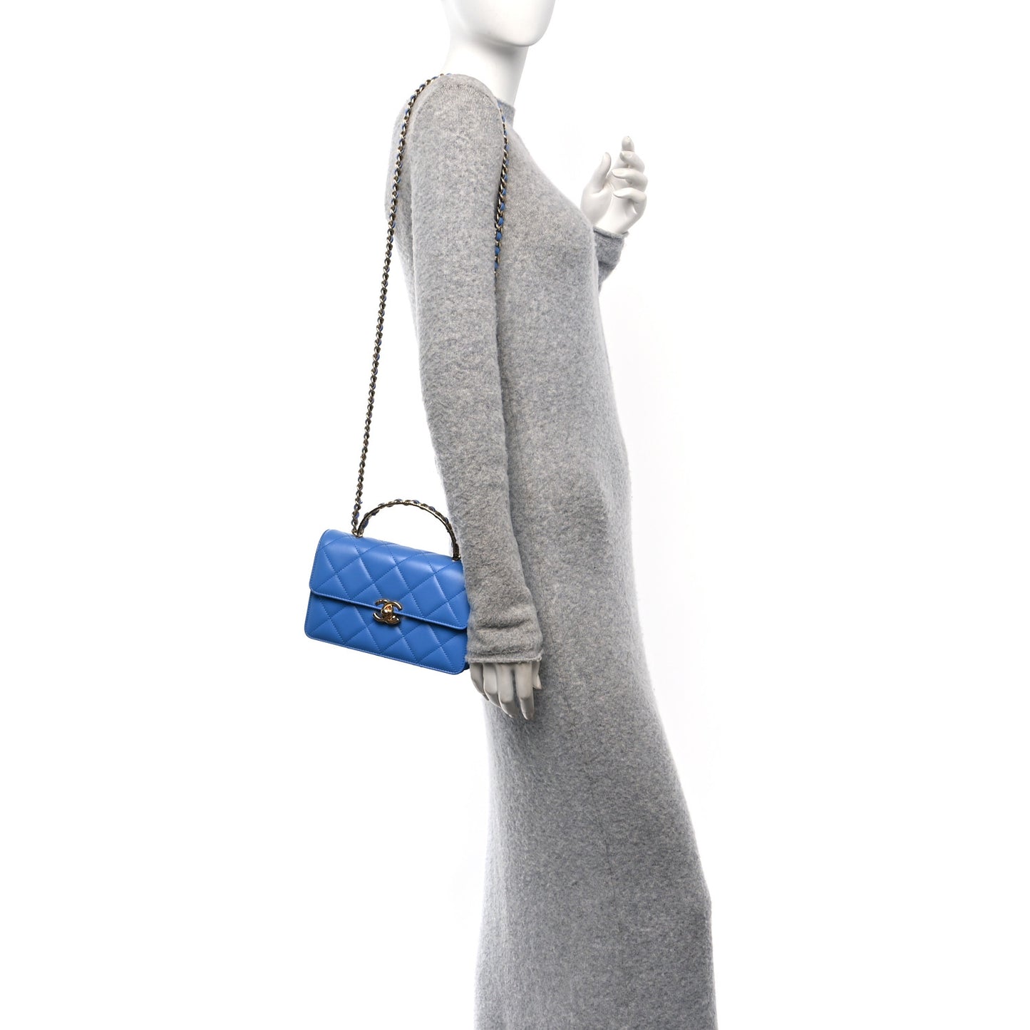 Lambskin Quilted Chain Logo Top Handle Flap Blue