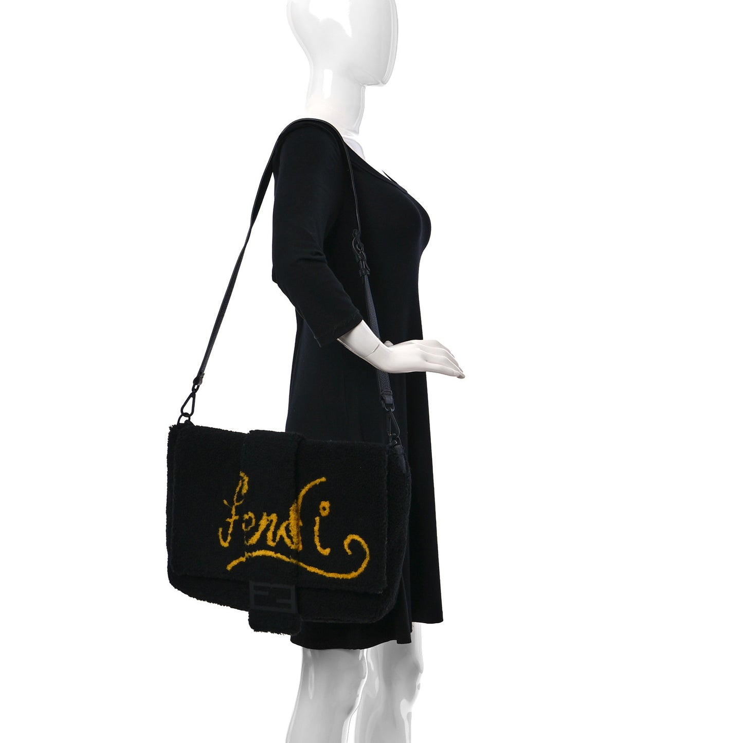 Shearling Calfskin Large Baguette Messenger Bag Black Giallo