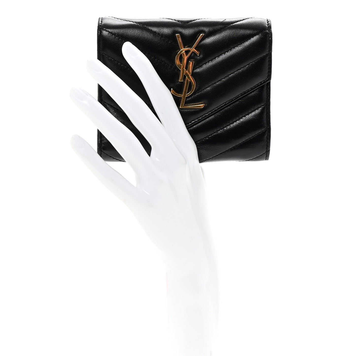 Lambskin Matelasse Chevron Monogram Compact Tri Fold Wallet Black
