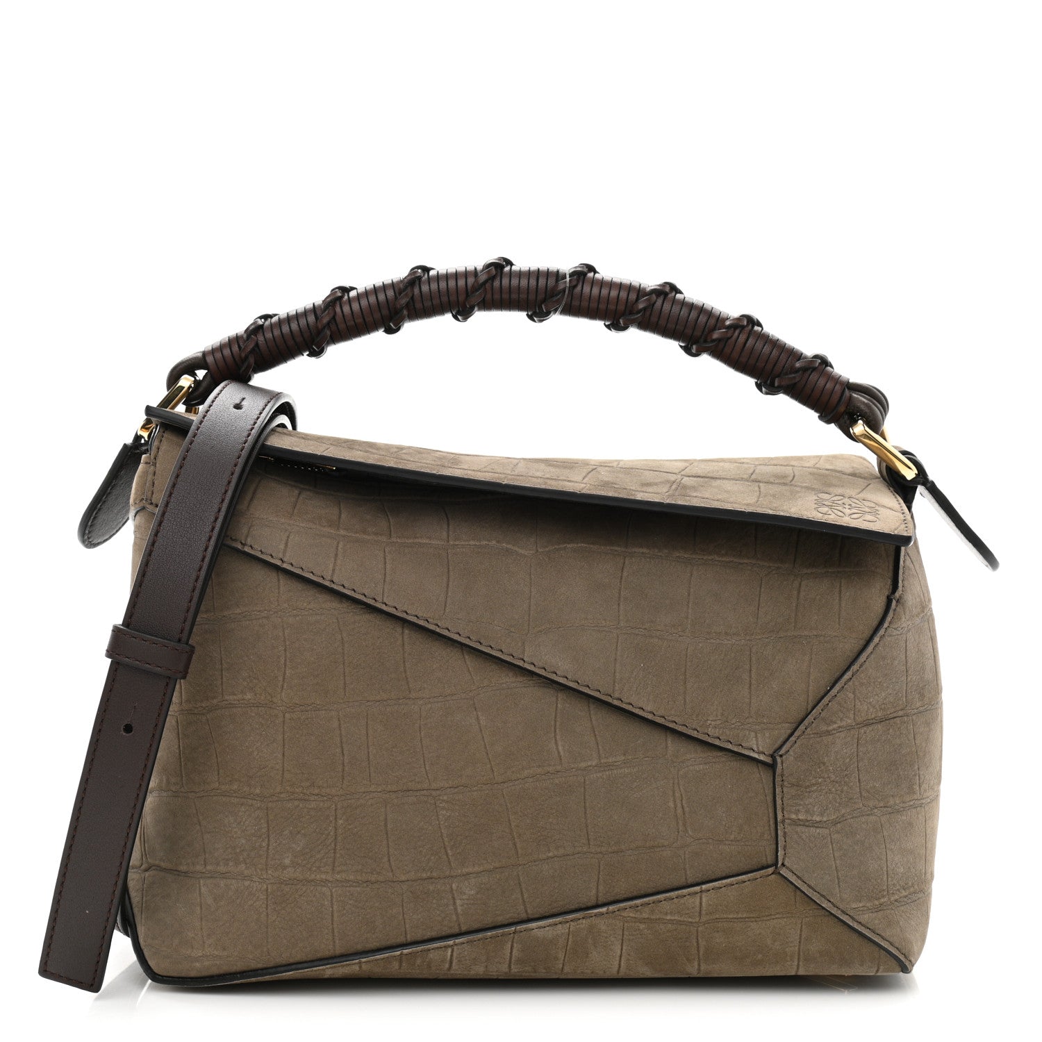 Loewe Nubuck Crocodile Embossed Small Puzzle Bag Olive 1125556