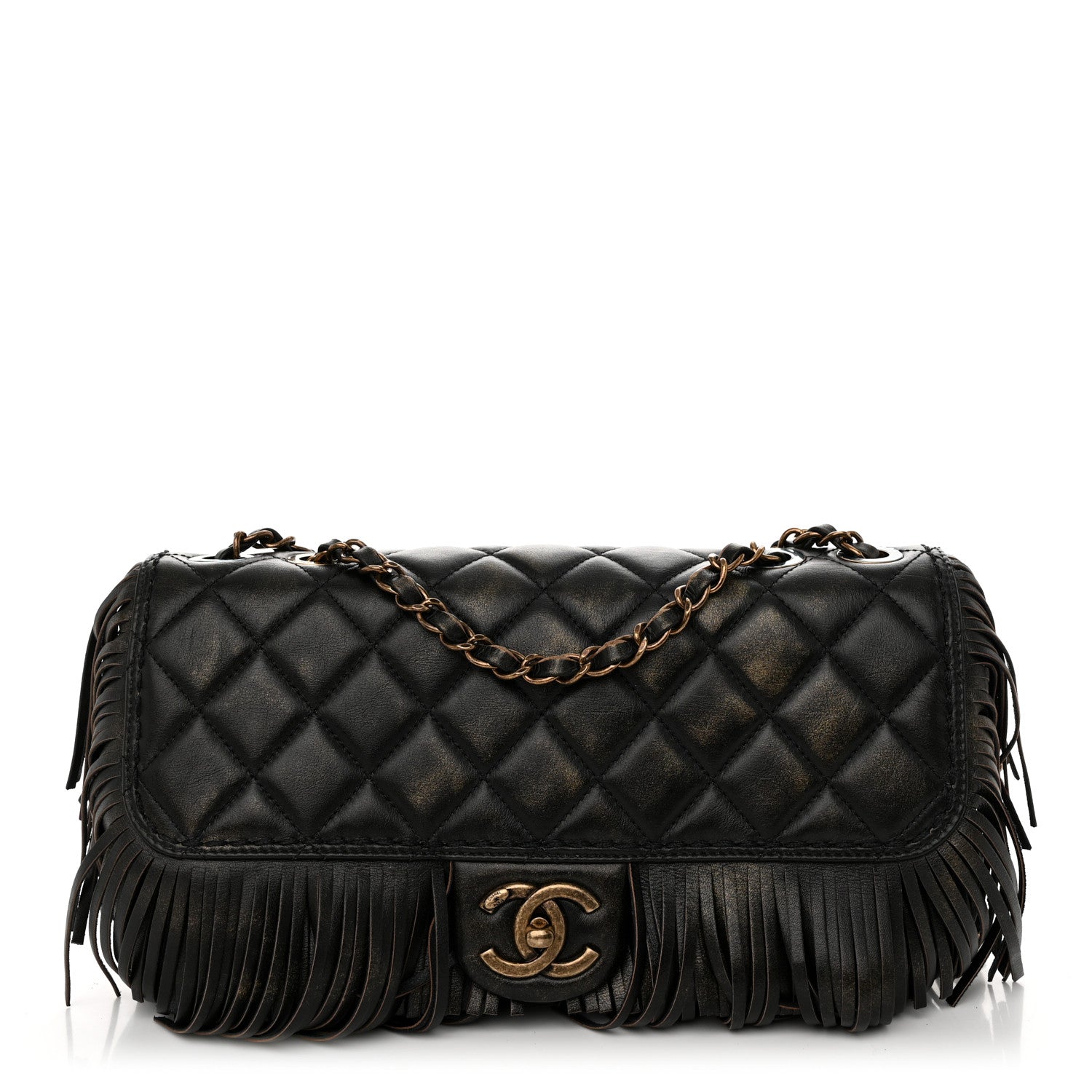 シャネル　キルティング Chanel Metallic Calfskin Quilted Large Into The Fringe Flap Black