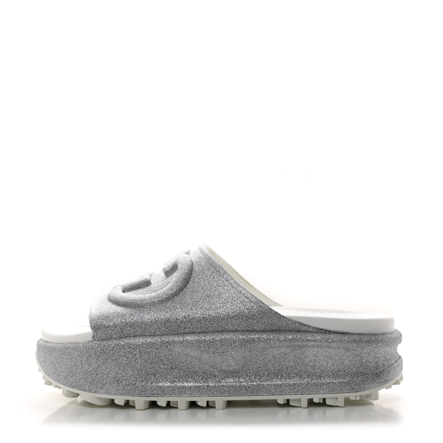 Glitter Rubber Womens Interlocking G Platform 42mm Slide Sandals 37 Silver
