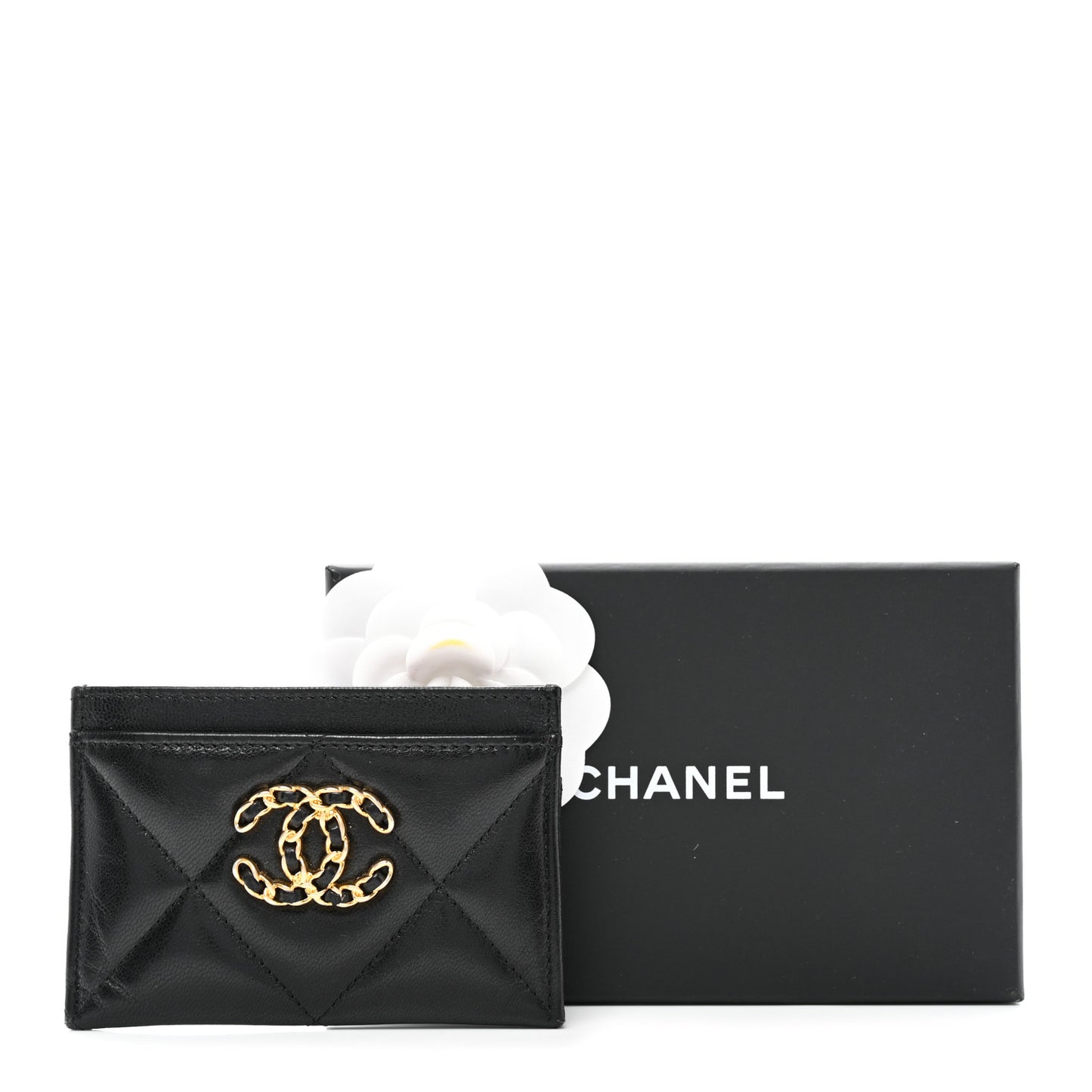 Shiny Goatskin Quilted Chanel 19 Card Holder Black