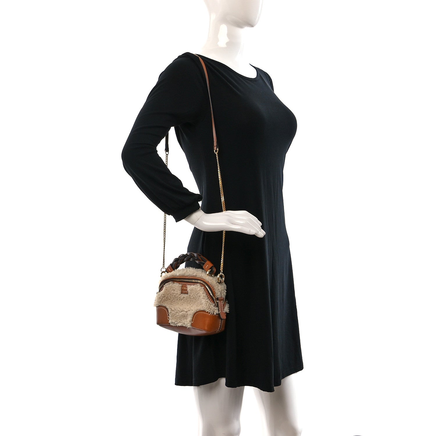 Chloe Shearling Calfskin Mini Daria Chain Bag Caramel 2 of 9