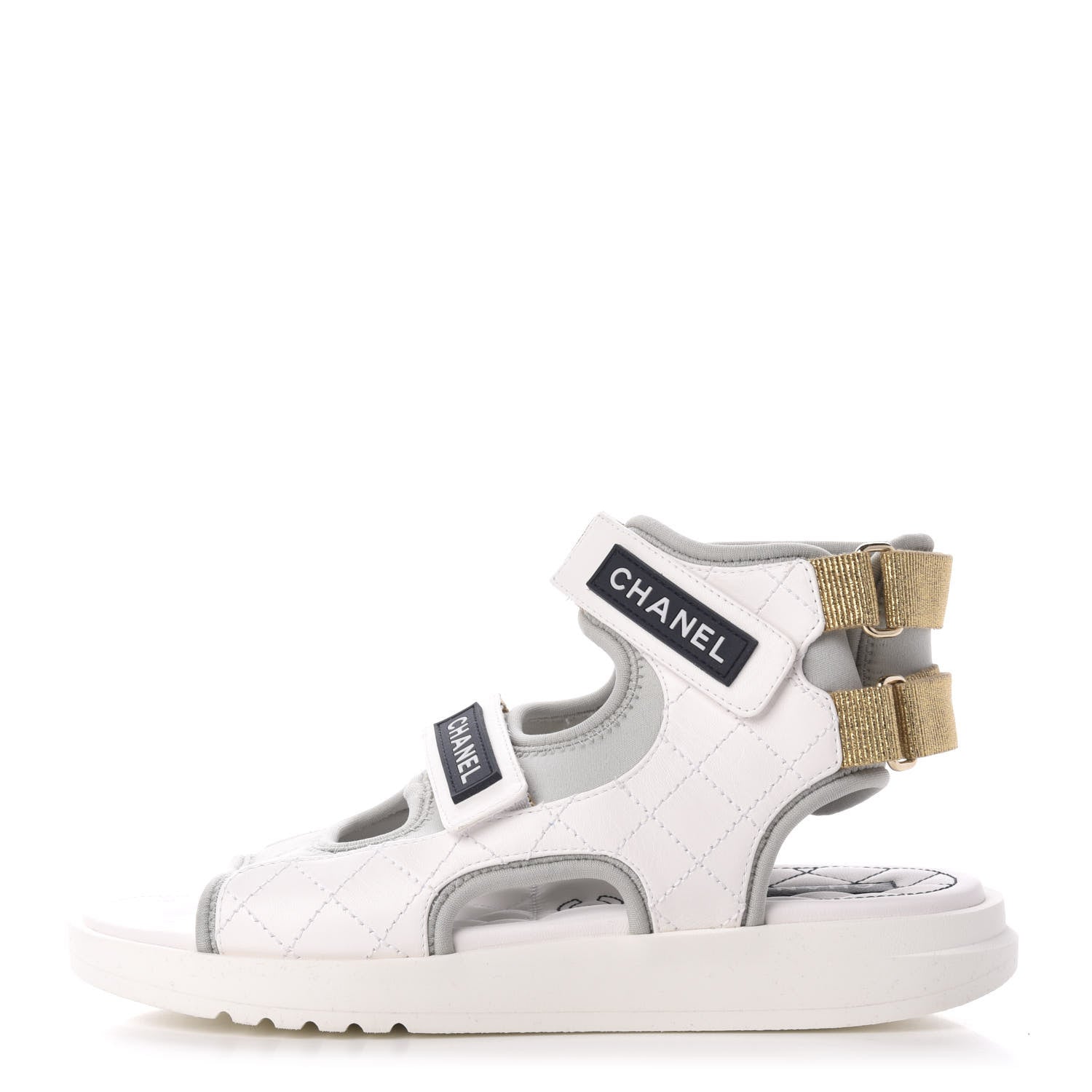 Chanel Goatskin Fabric Gladiator Sandals 39 White Light Grey Navy Blue 1 of 9
