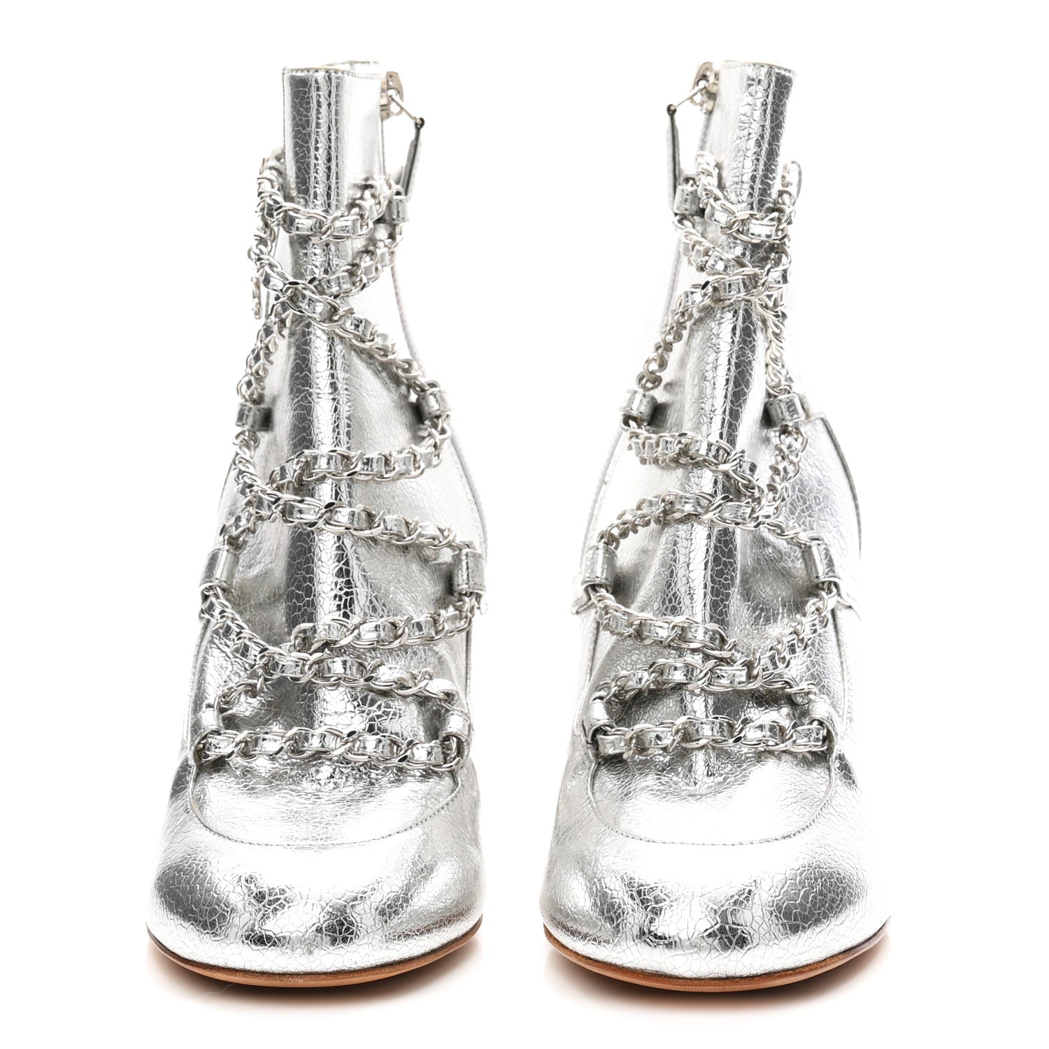 Chanel Metallic Crackled Calfskin Chain CC Short Boots 38.5 Silver
