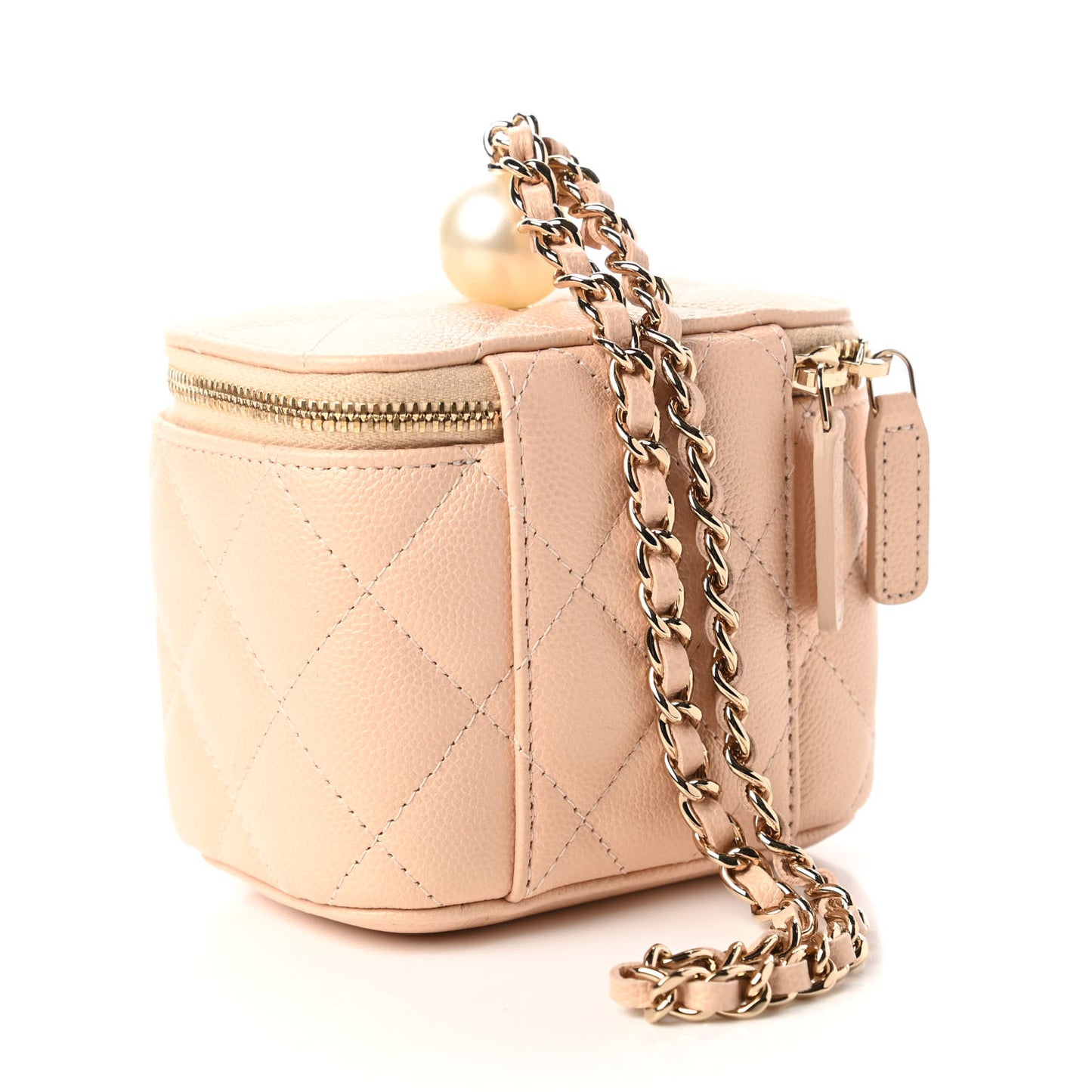 Iridescent Caviar Quilted Mini Pearl On Top Vanity Case With Chain Beige