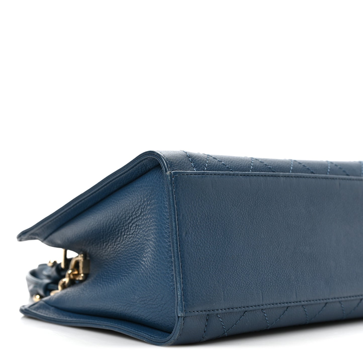 Grained Calfskin Stitched Small Label Click Shopper Tote Blue