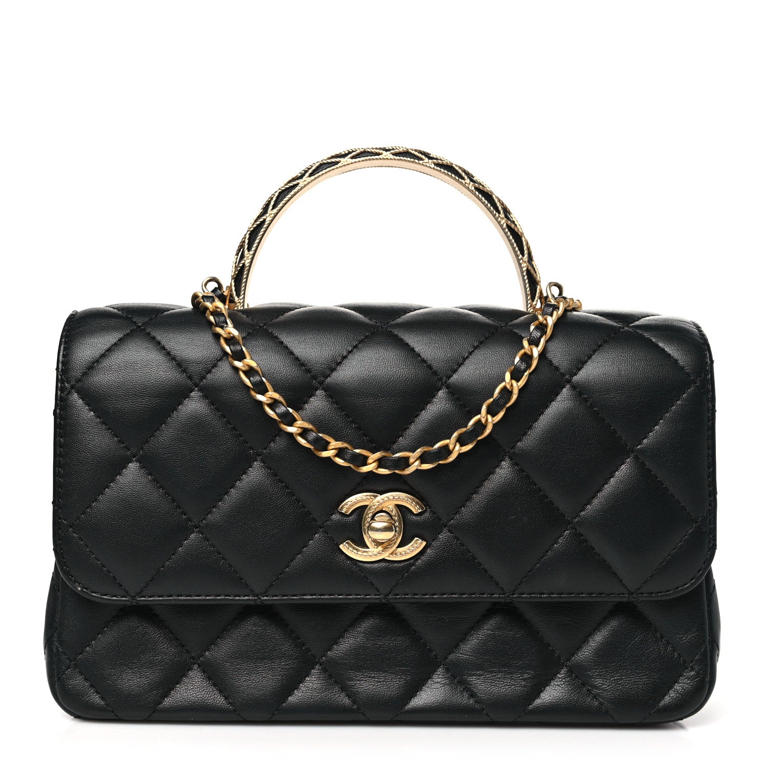 Chanel Lambskin Metal Quilted Twist Top Handle Flap With Chain