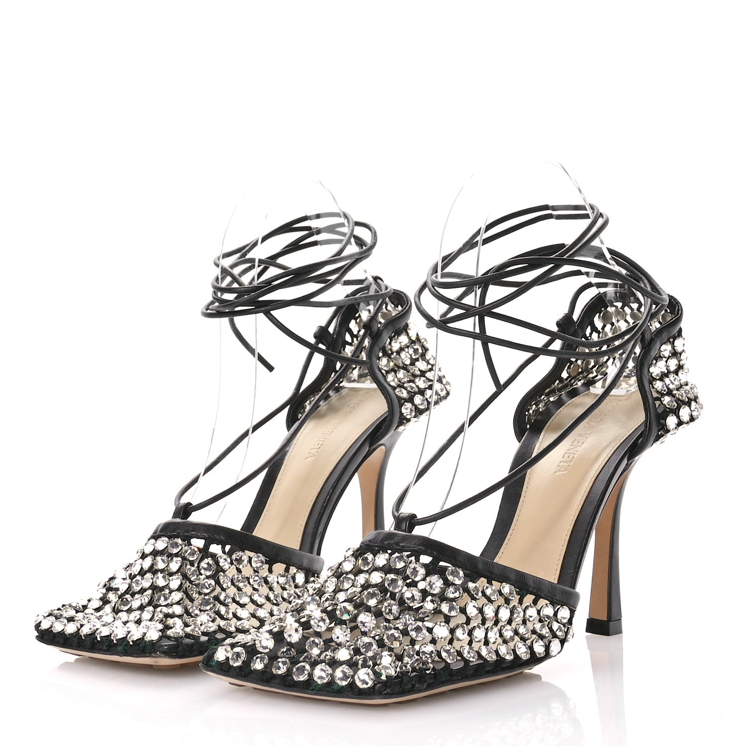 Bottega Veneta Mesh Nappa Crystal Embellished Sparkle Stretch Ankle Tie Sandals 38 Black 4 of 12