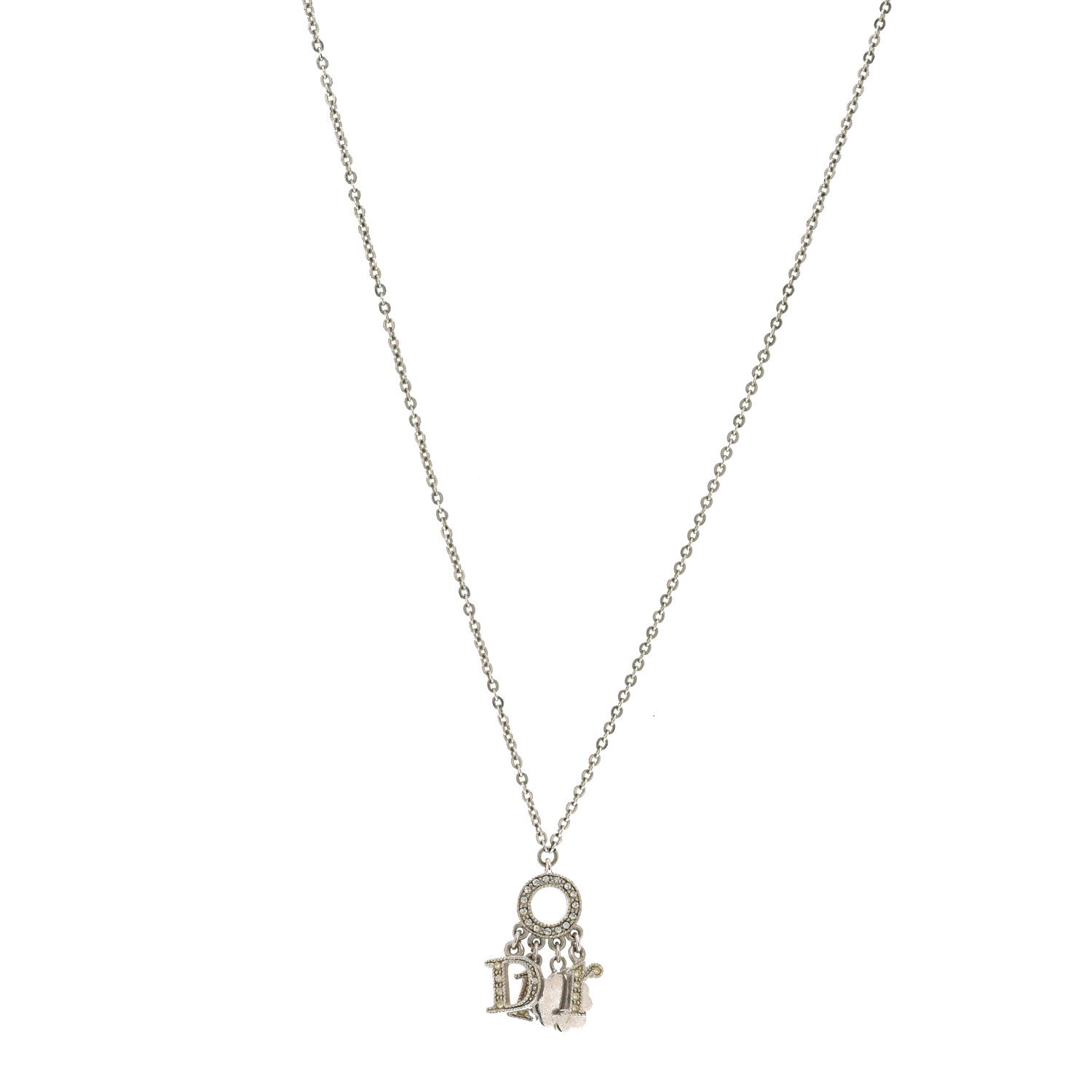 Christian Dior Metal Crystal Logo Clover Necklace Silver 1857849