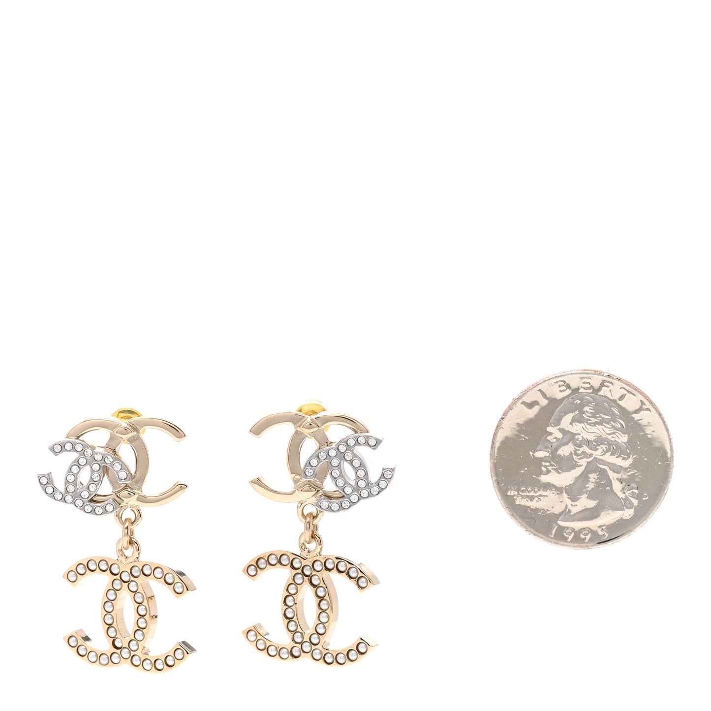 Crystal Pearl Double CC Drop Earrings Gold Silver