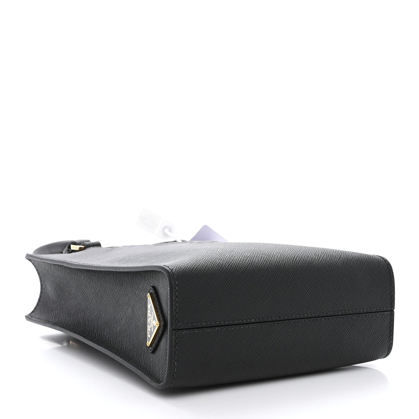 Saffiano Lux Triangle Logo Embossed Small Double Handle Crossbody Tote Black