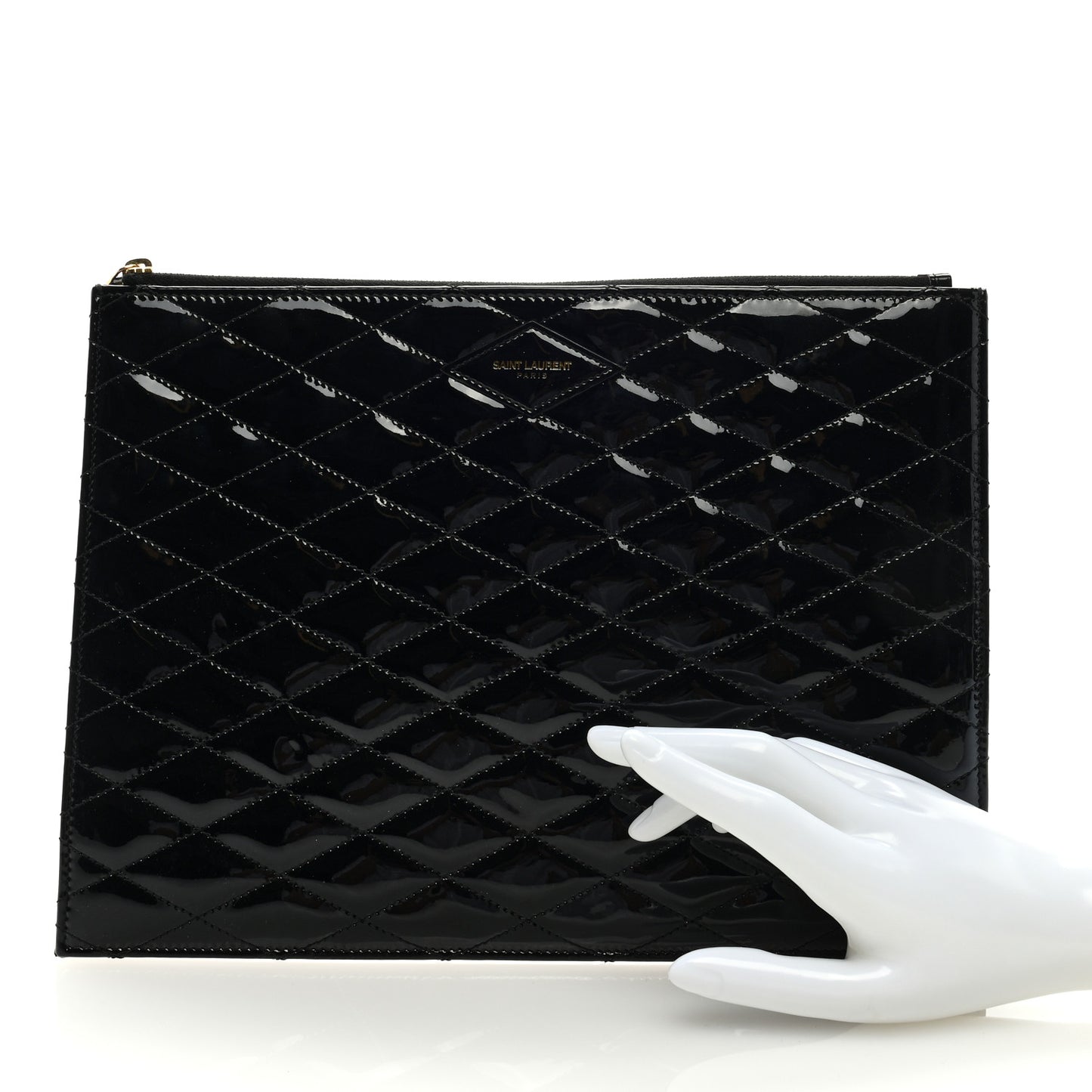 Patent Calfskin Quilted Zipped Pouch Black