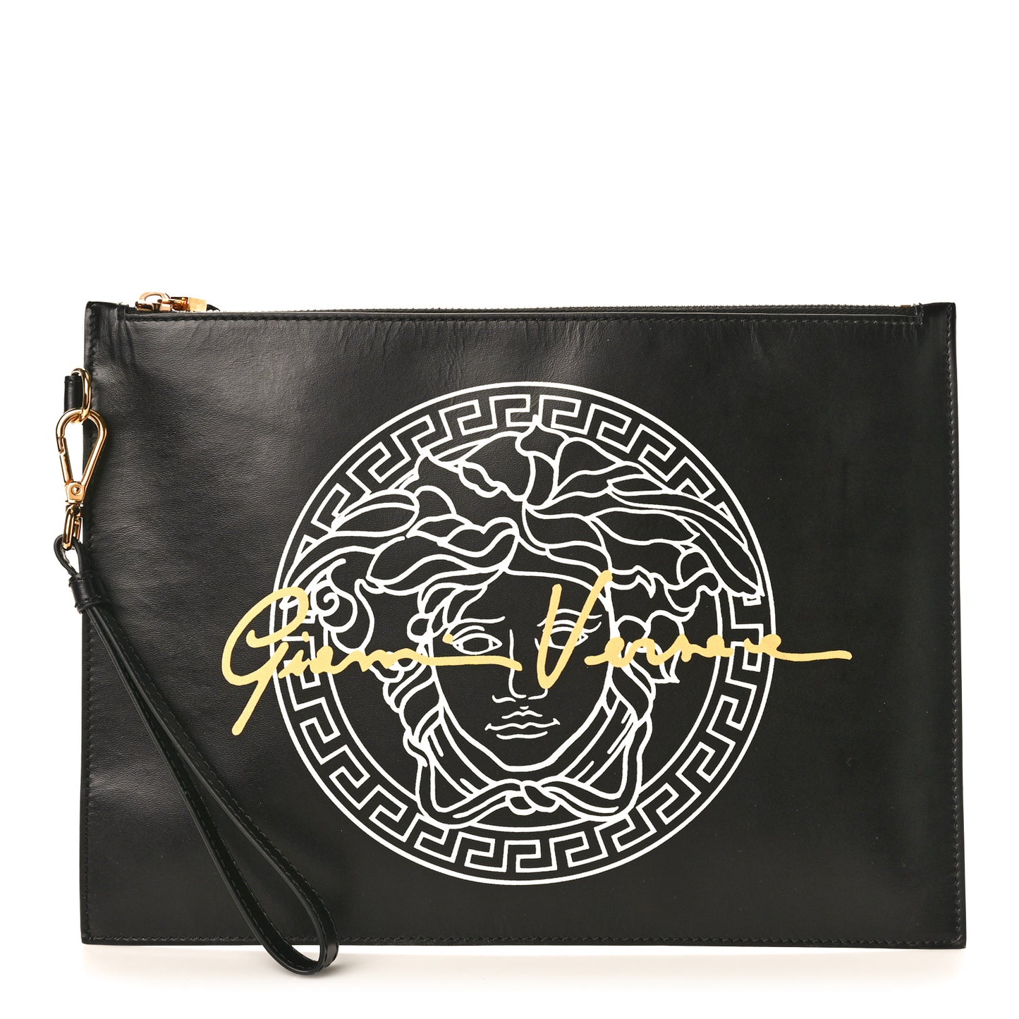 Calfskin Medusa Print Zip Pouch Black