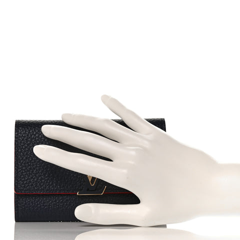Taurillon Capucines Compact Wallet Marine Rouge