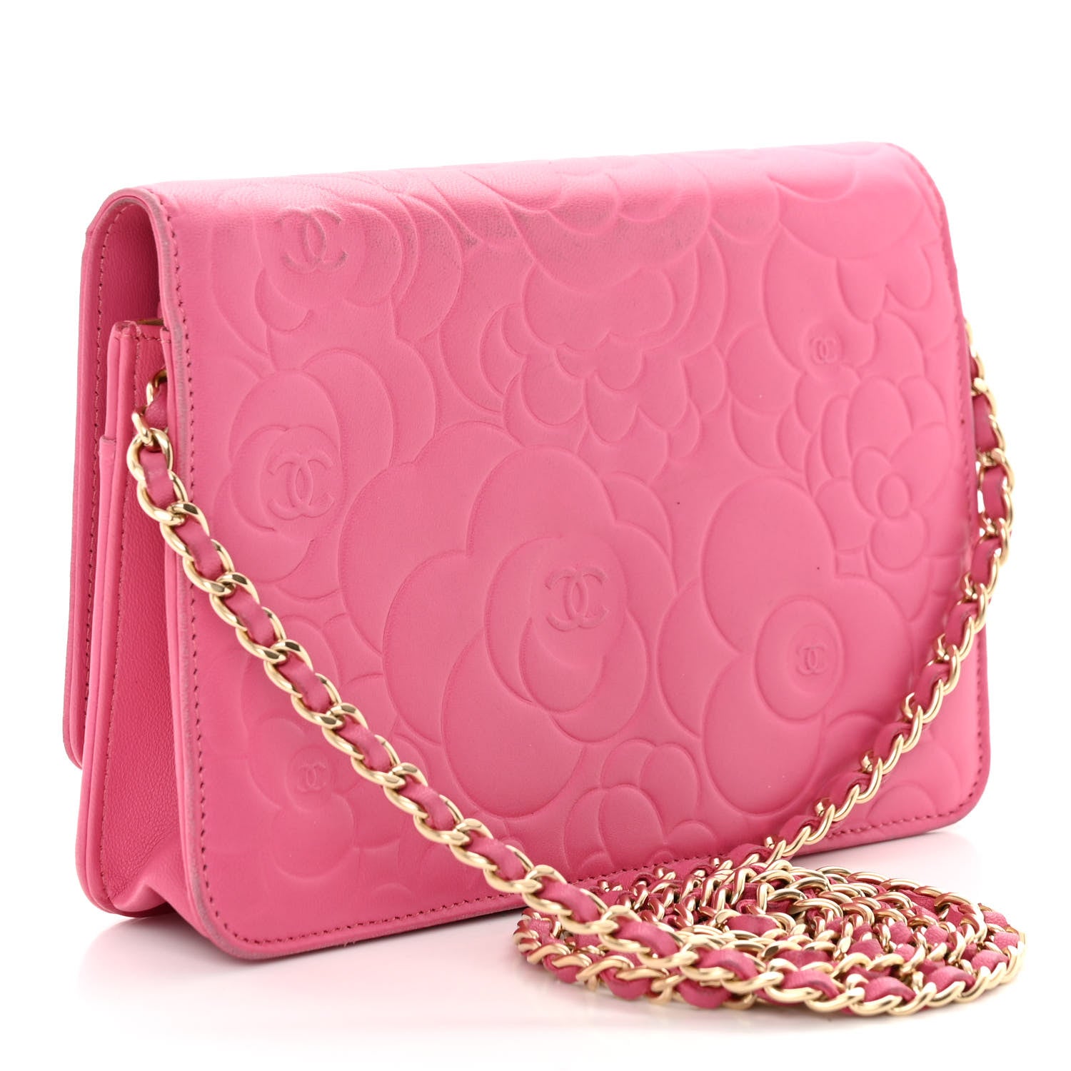 Chanel Lambskin Camellia Embossed Wallet on Chain WOC Pink 3 of 13