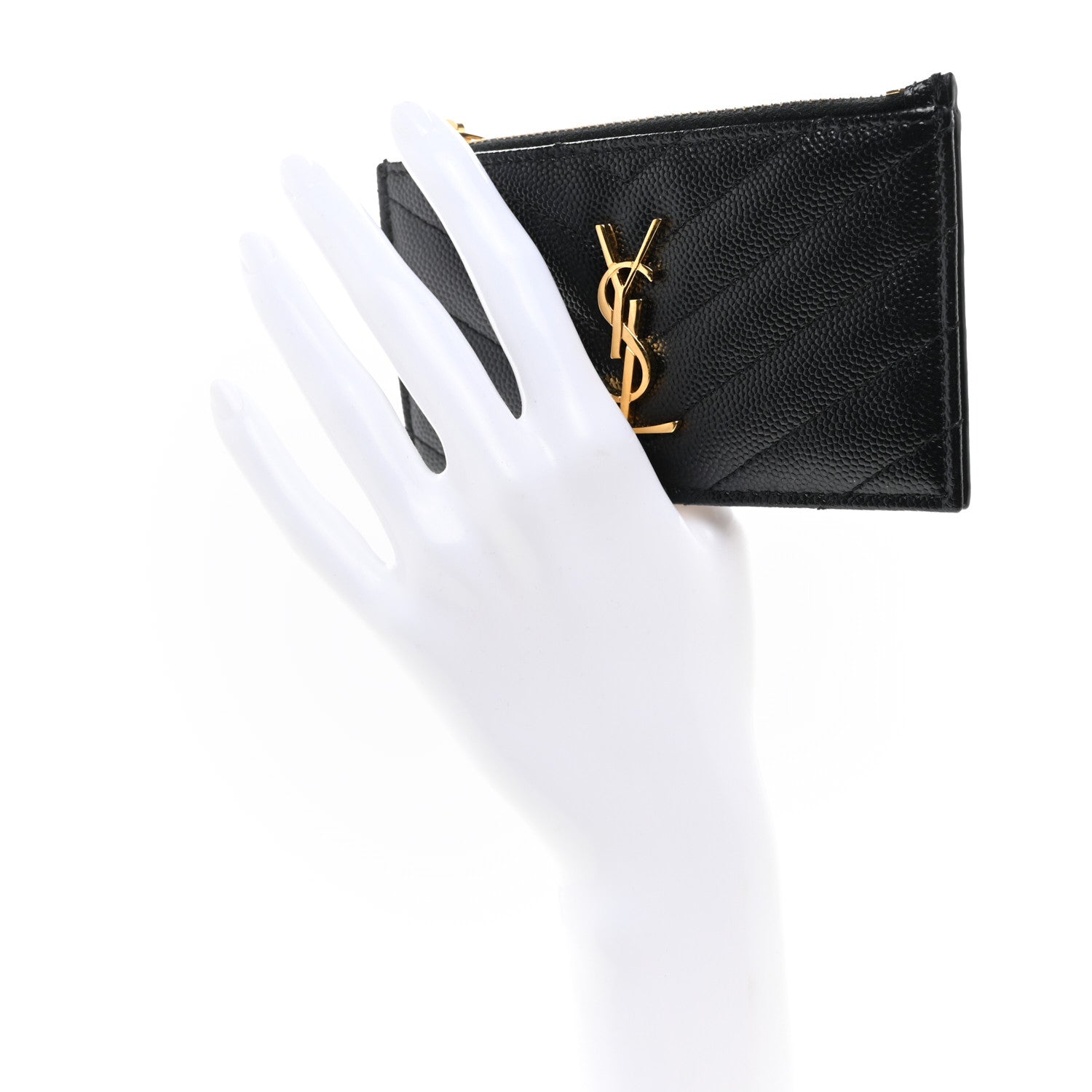 Saint Laurent Grain De Poudre Matelasse Chevron Monogram Fragments Zippered Card Case Black 2 of 7