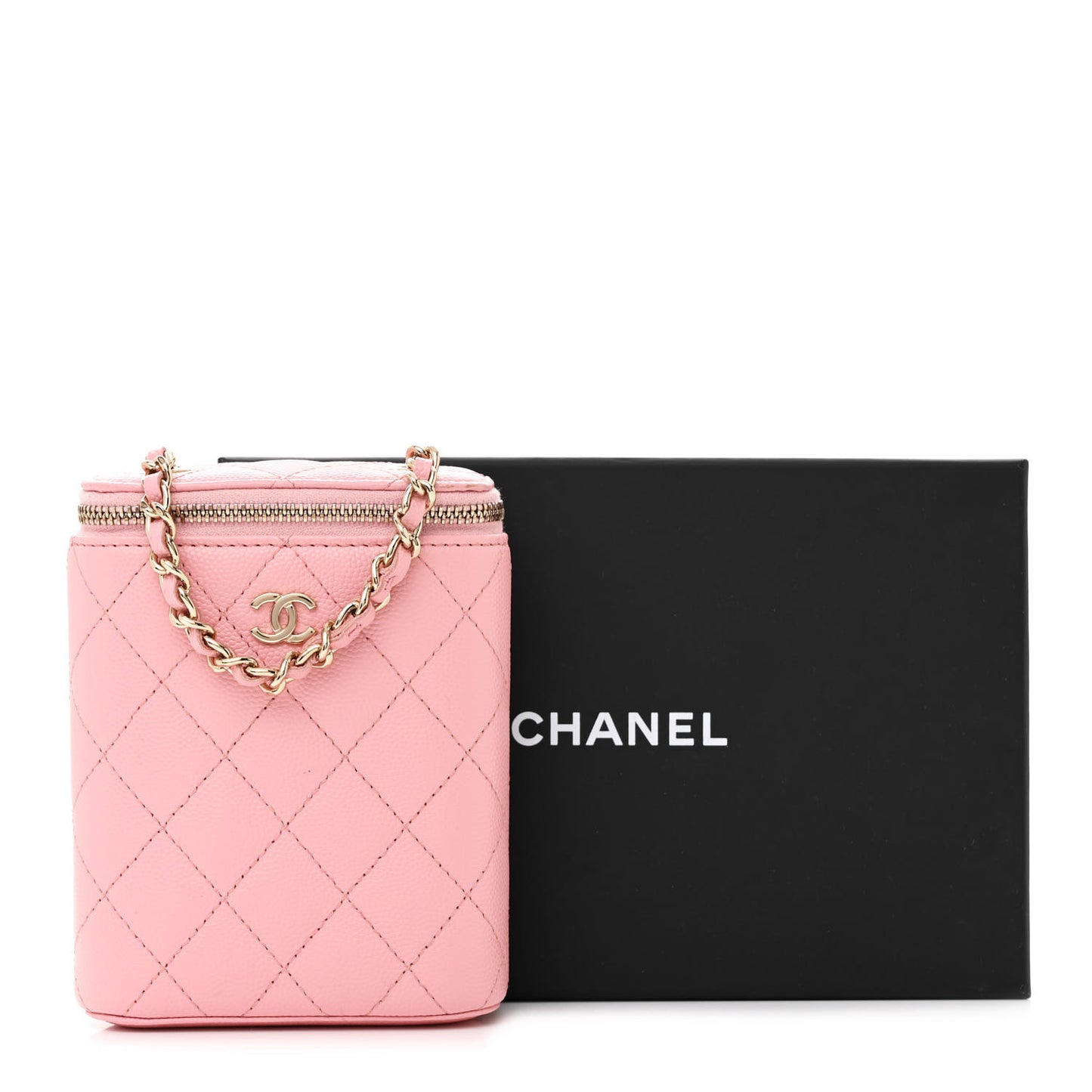 Caviar Quilted Small Vertical Coco Beauty Vanity Case With Chain Pink